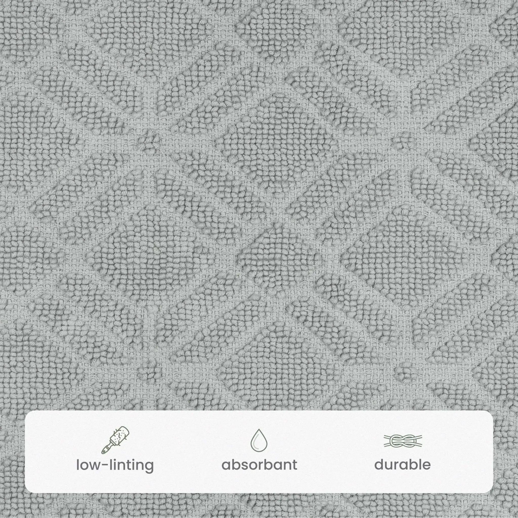 A close-up of a gray textured bath rug fabric with a repeating geometric diamond pattern, featuring a white banner at the bottom with icons and the words 'low-linting', 'absorbant', and 'durable'.