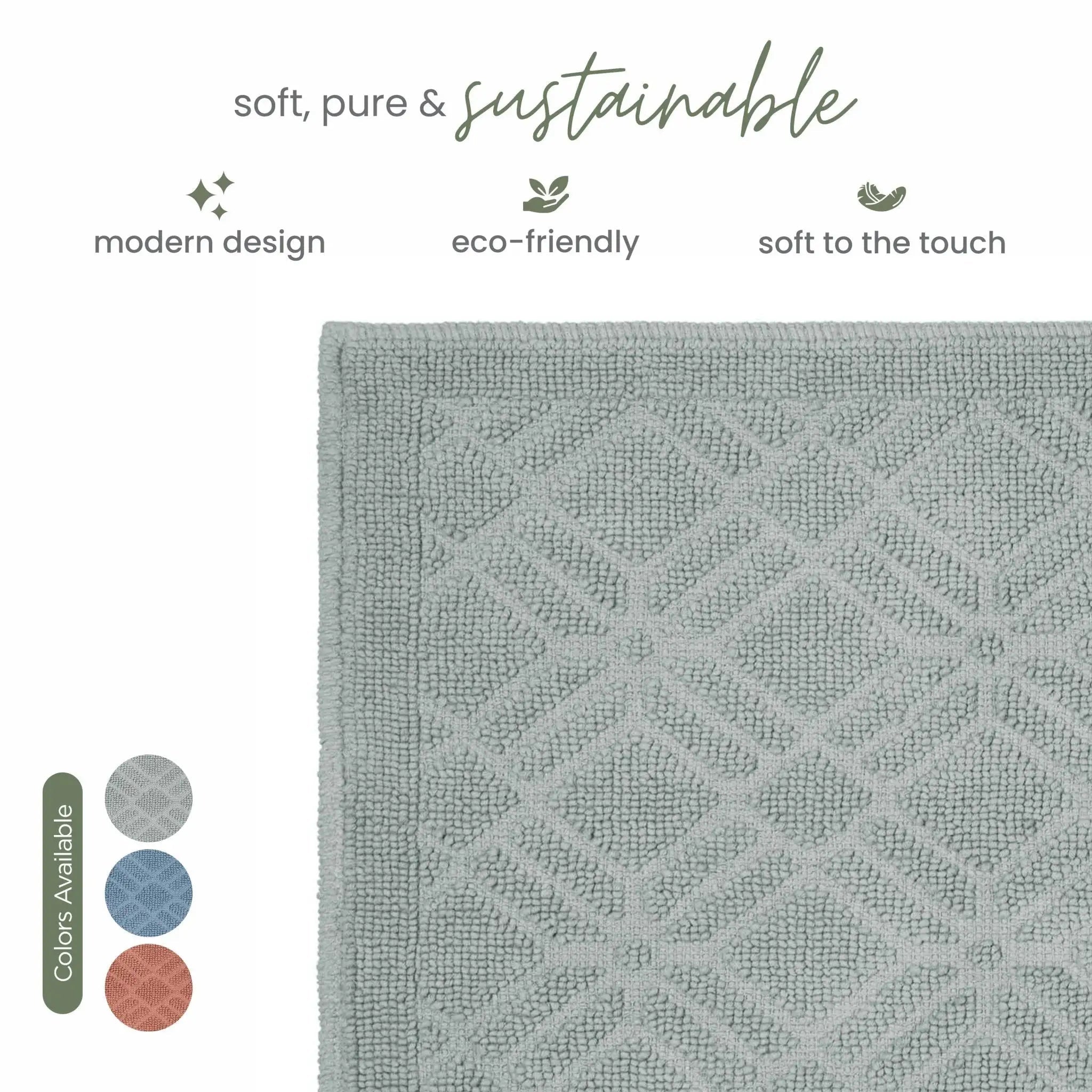 Gray textured bath rug with text highlighting features on a white background