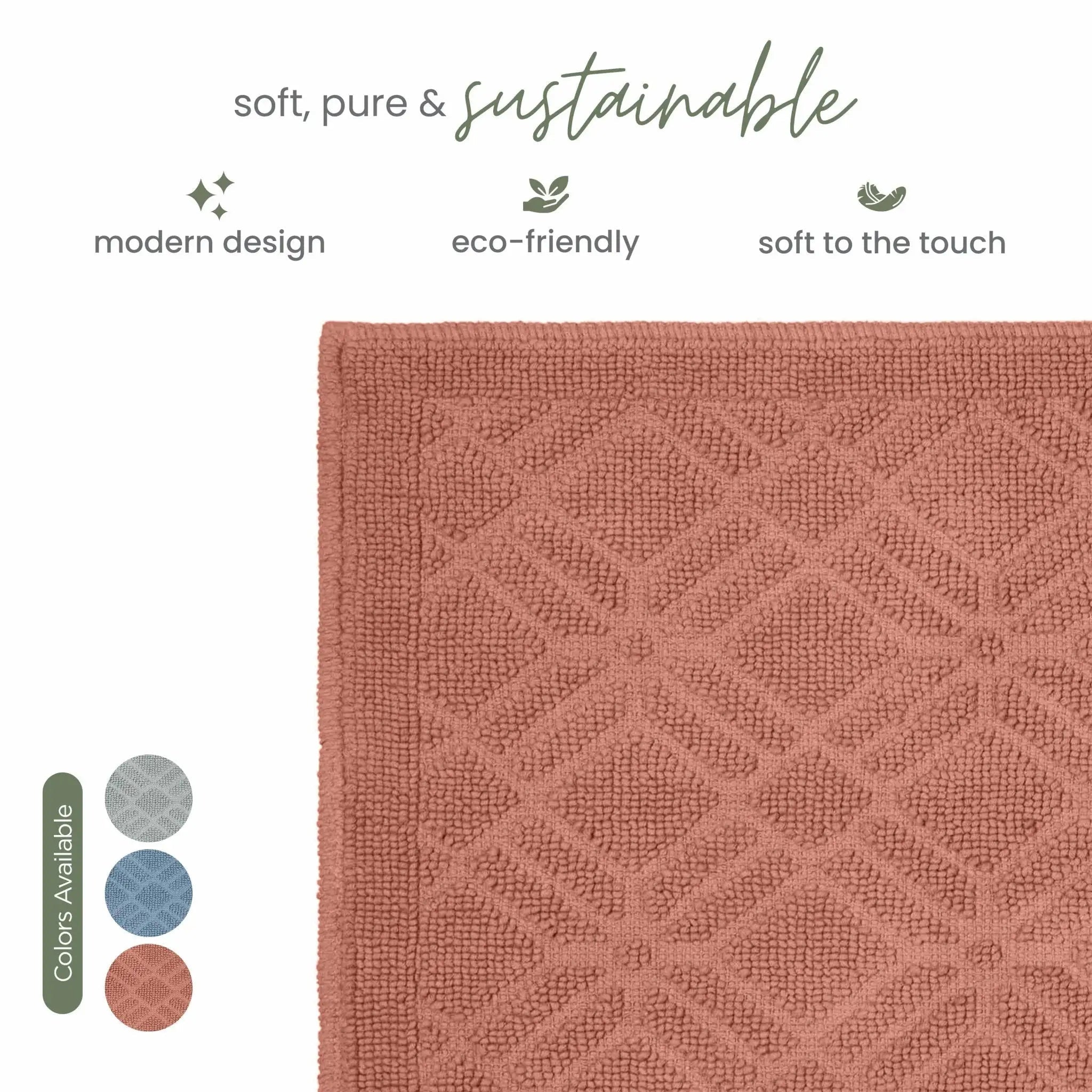 A close-up of a textured clay colored bath rug with a raised geometric diamond pattern, shown on a white background with marketing text and three color swatches.