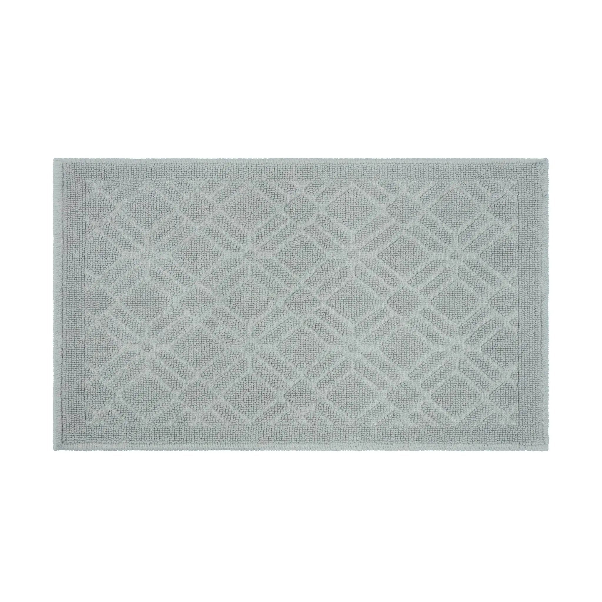 A rectangular grey bath rug featuring a raised geometric diamond lattice pattern and a solid border, shown against a plain white background.