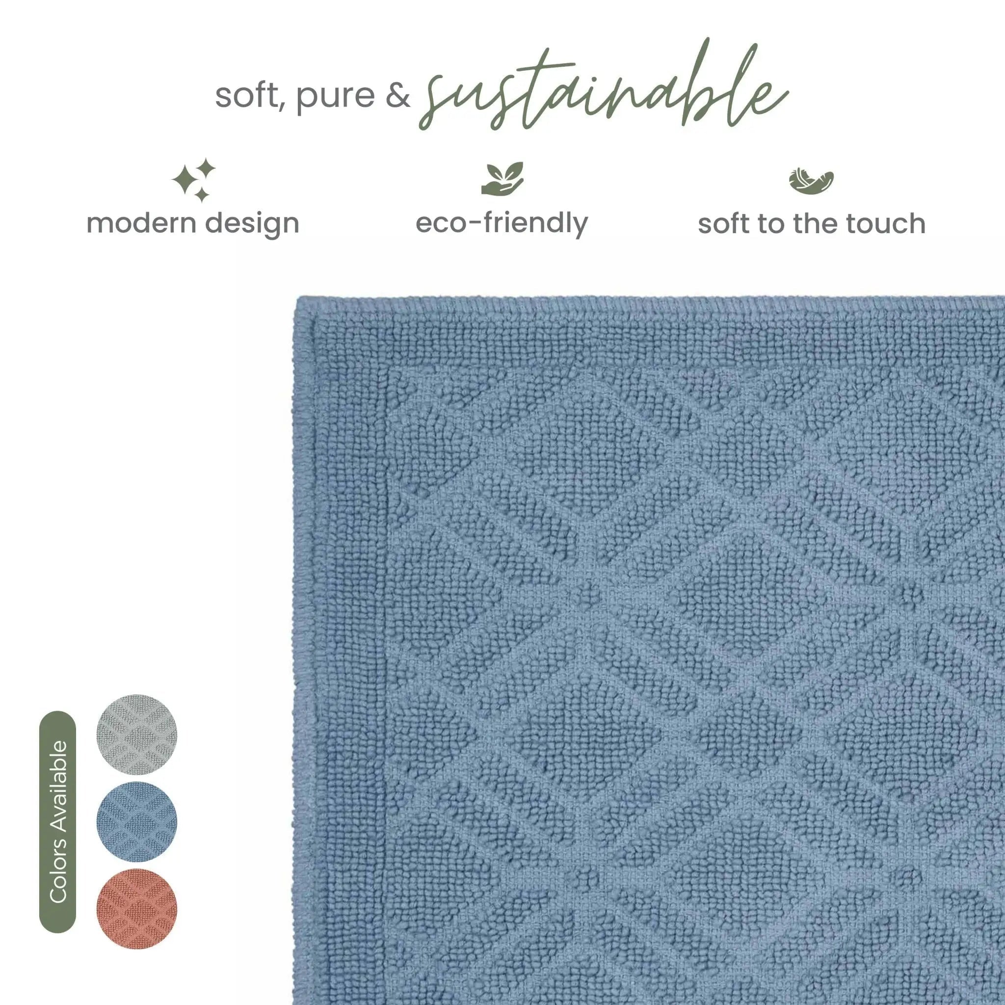 A close-up of a textured blue bath rug with a geometric diamond pattern, shown on a white background with marketing text and color swatches.