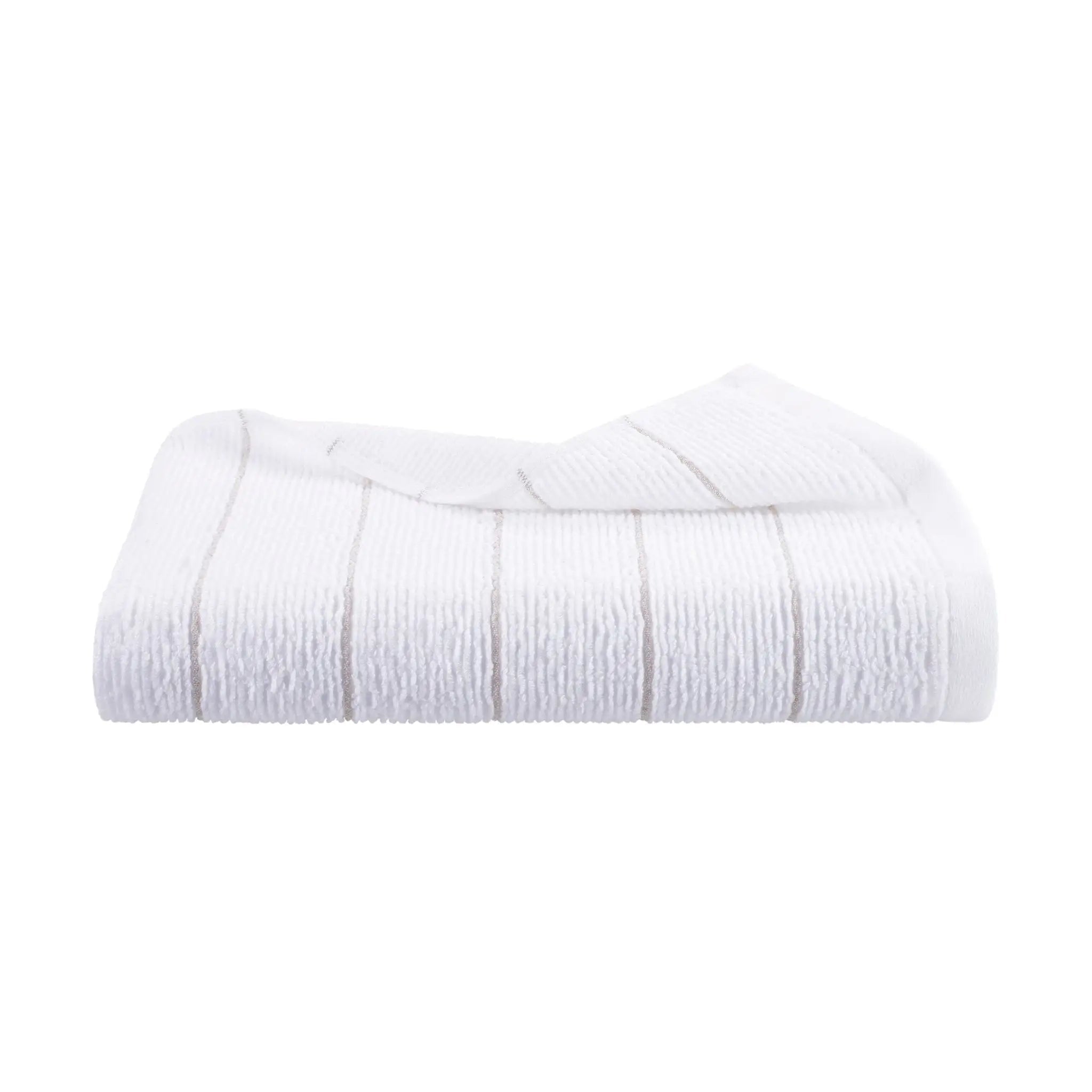 A folded white bath towel with a textured terry surface shown on a plain white background.