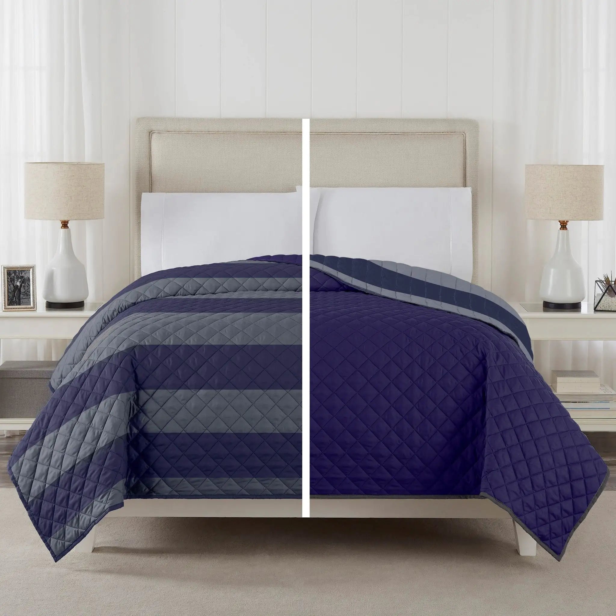 A quilted coverlet in split screen showing bot navy coverlet and the reversible side.