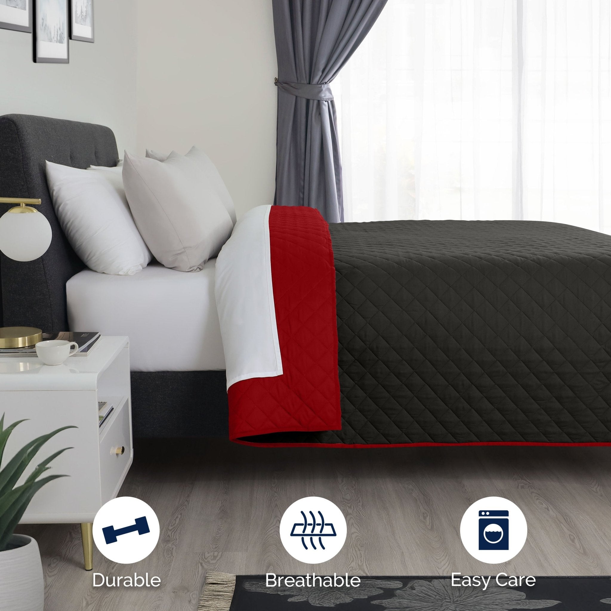 Bed with Ebony/red in a bedroom setting, featuring durability, breathability, and ease of care icons.