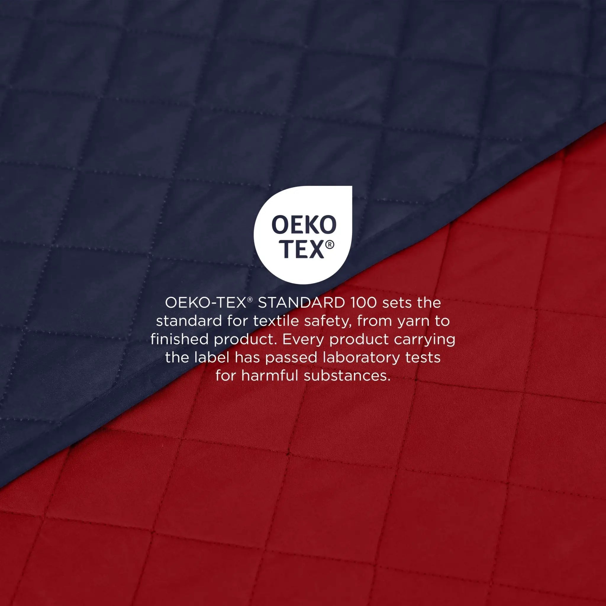Two quilted coverlet shown diagonally across the frame, with a navy-blue panel on top and a red panel on the bottom. A white circular OEKO-TEX logo and explanatory text are overlaid in the center, emphasizing textile safety.