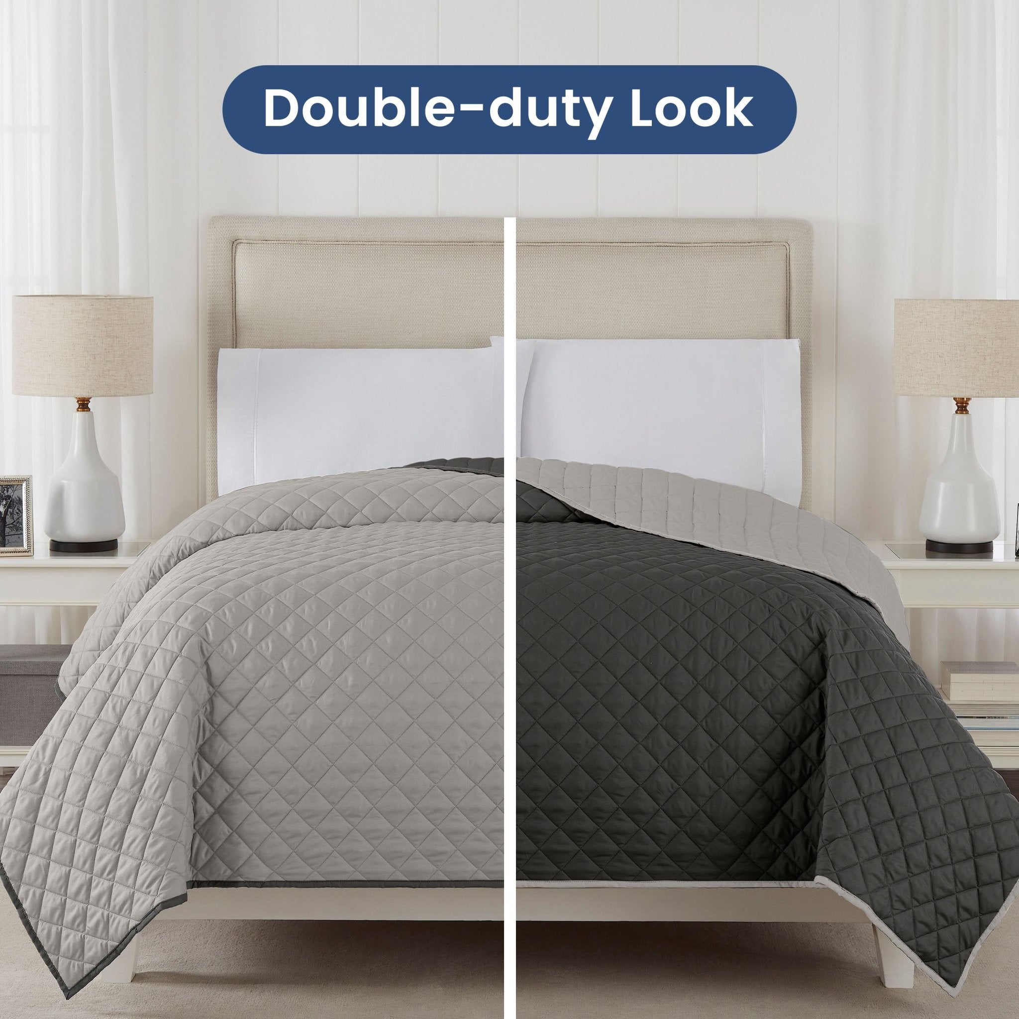 Two views of a light gray/graphite reversible coverlet draped over it, one in light gray and one in graphite, on a neutral background.