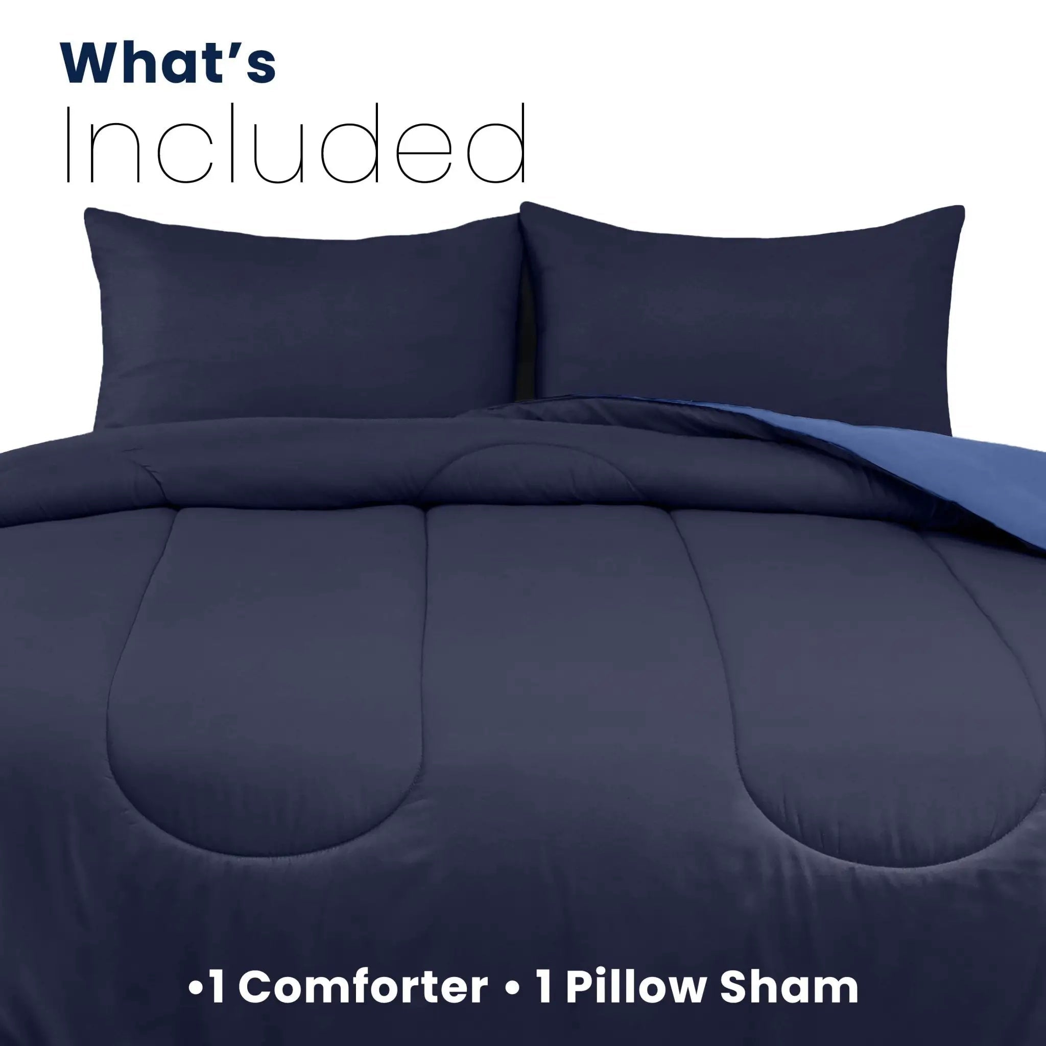 Navy blue comforter set with two matching pillow shams on a white background with details about product components included.