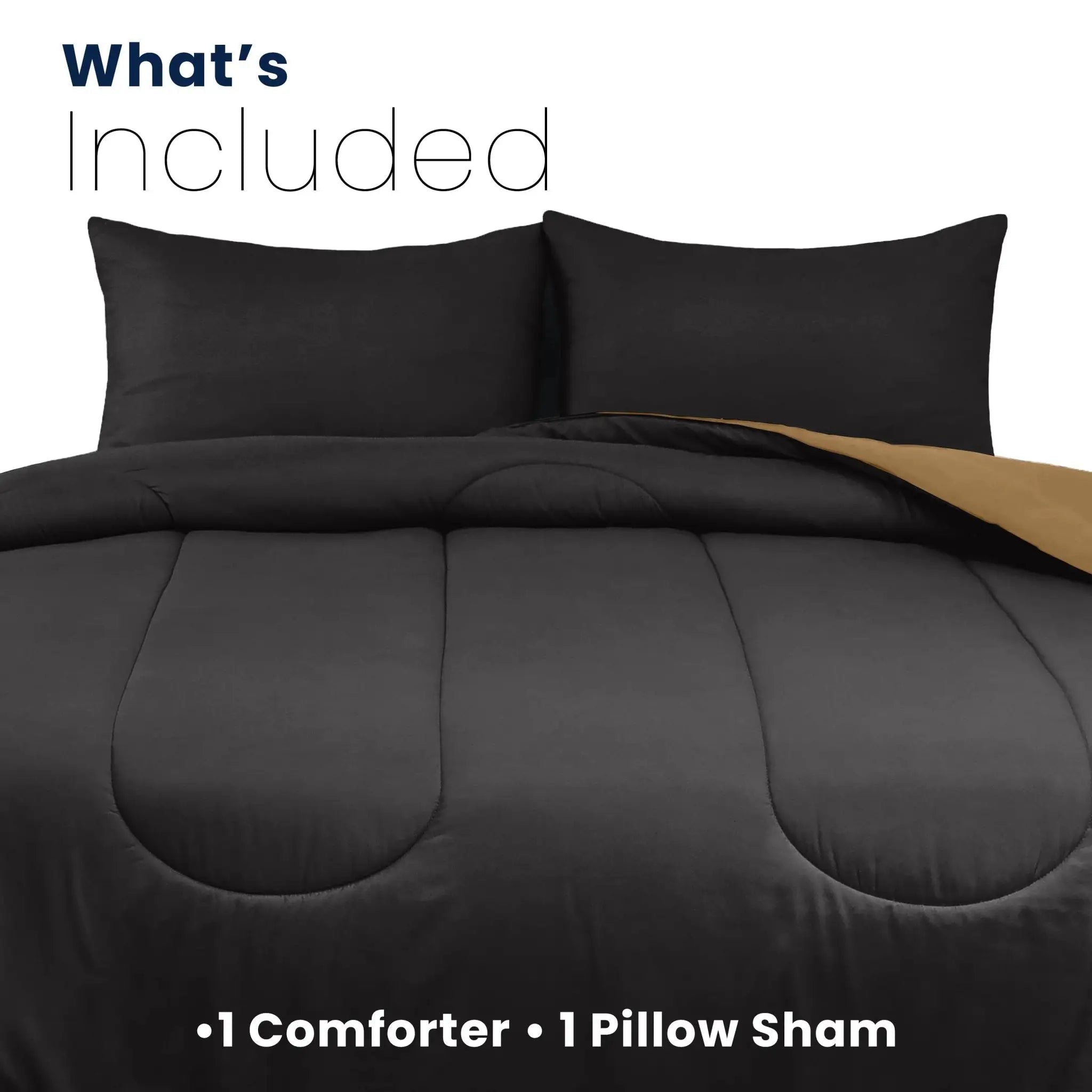 Ebony comforter and pillow sham set on a white background with text indicating included items.