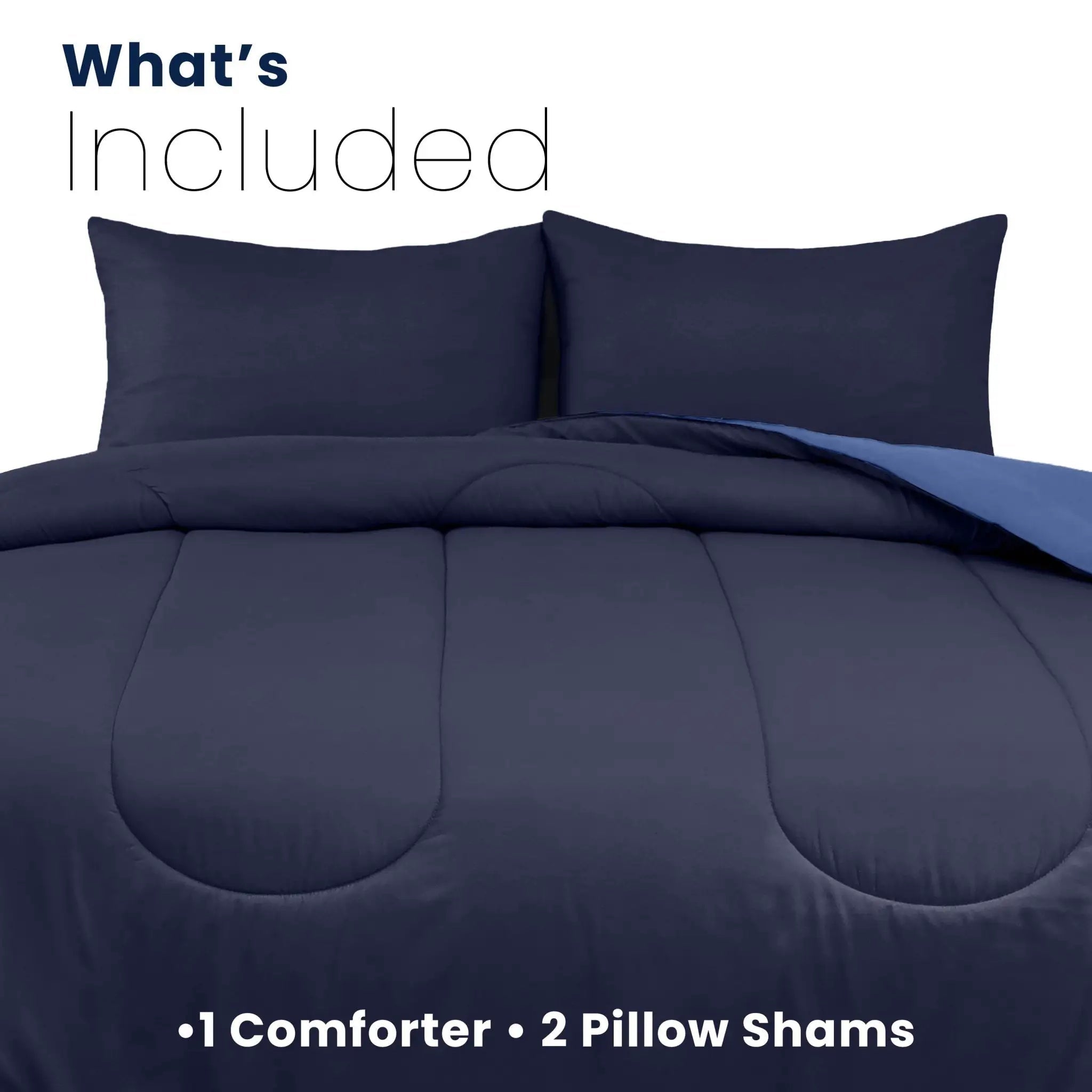 Navy blue comforter set with two pillow shams on a white background with details about product components included.