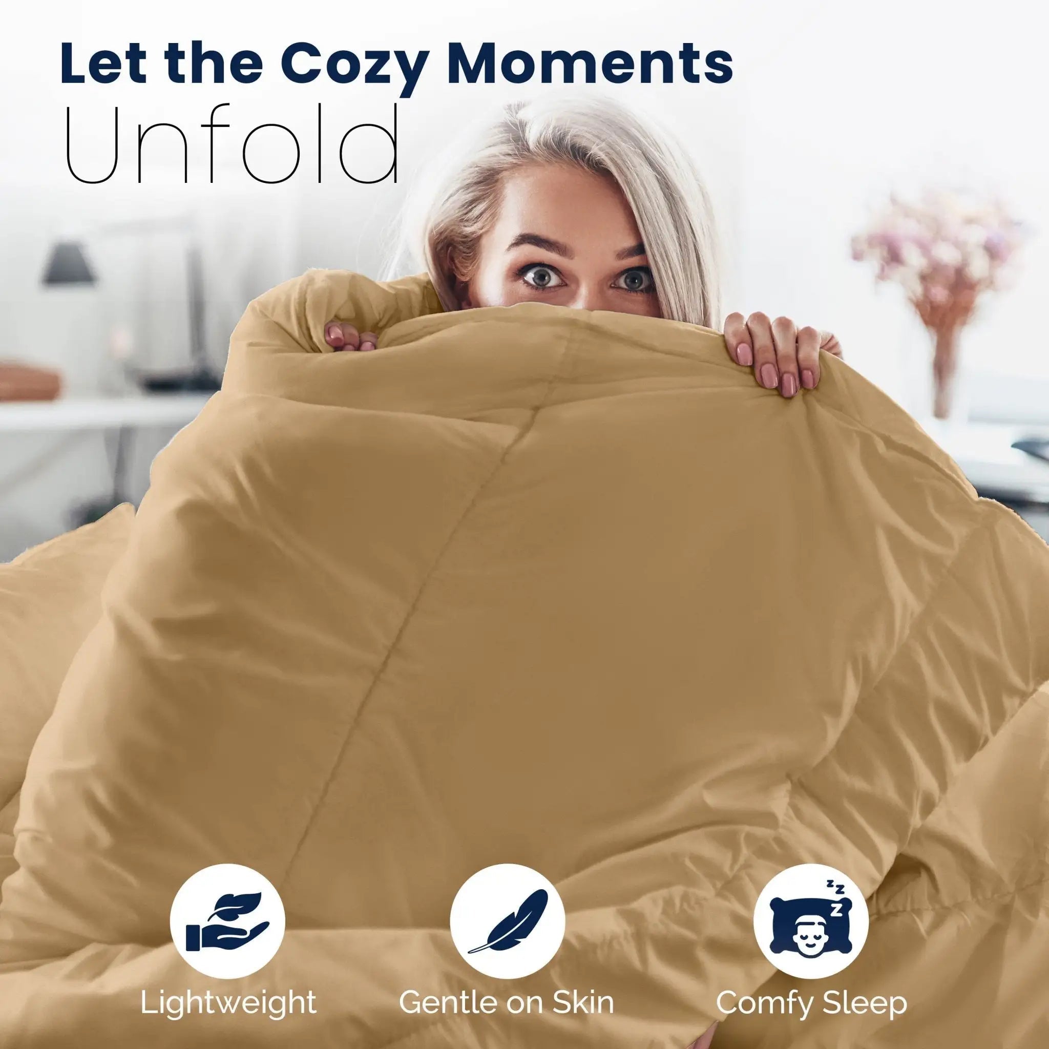 Woman wrapped in a khaki comforter with text 'Let the Cozy Moments Unfold' and icons for lightweight, gentle on skin, and comfy sleep.