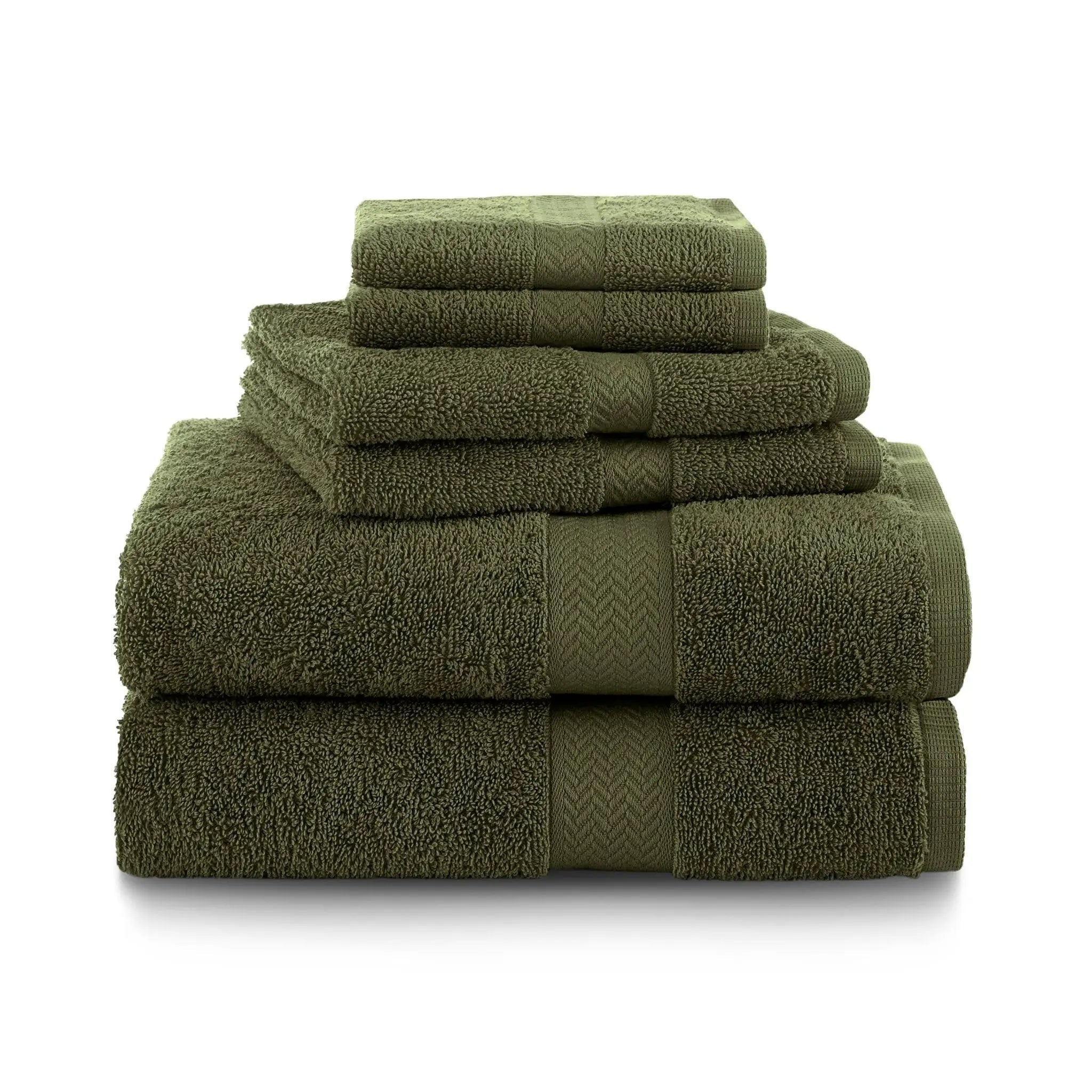 A stack of dark green towel set, including hand towels, washcloths, and bath towels, arranged neatly on a clean white background.