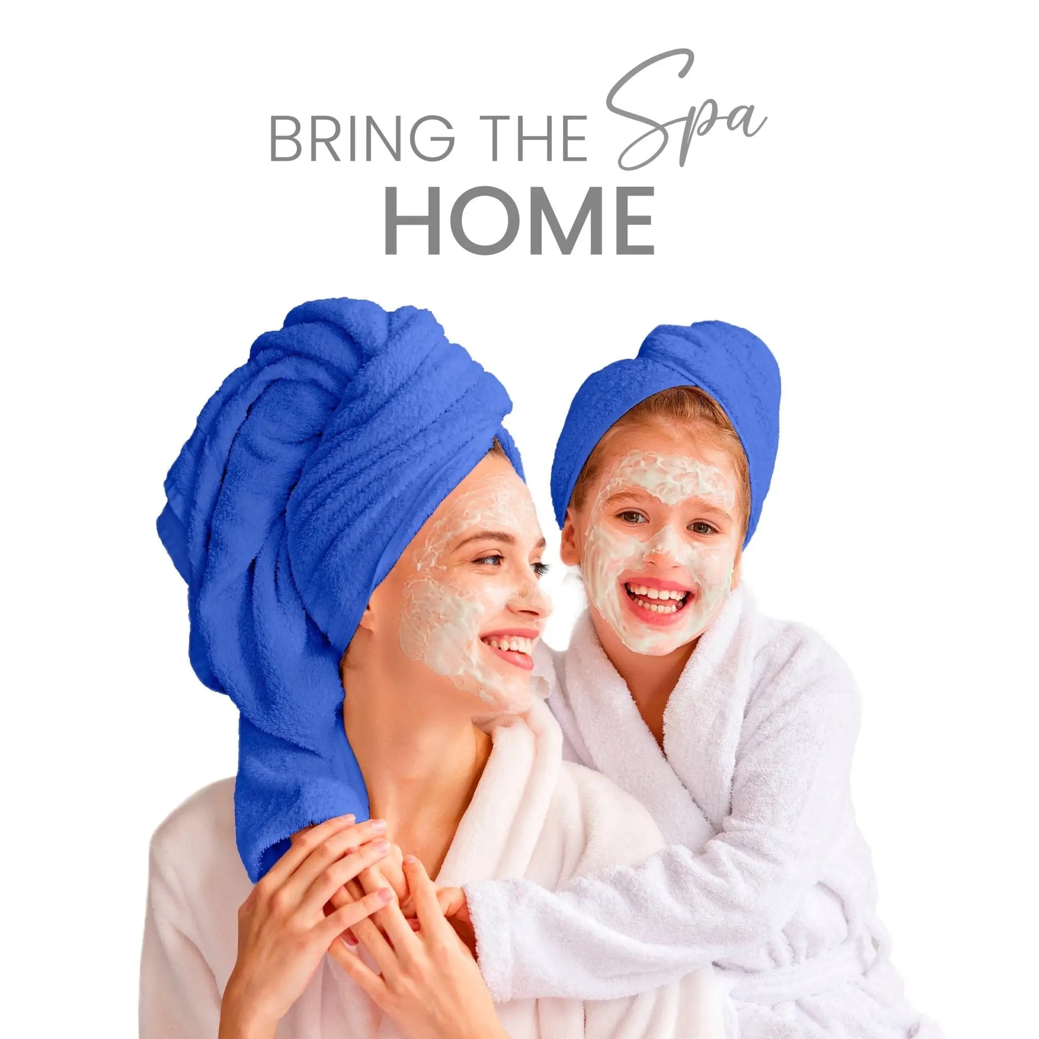 Woman and a child with cobalt blue towels on their heads and face masks, smiling against a white background with 'Bring the Spa Home' text.