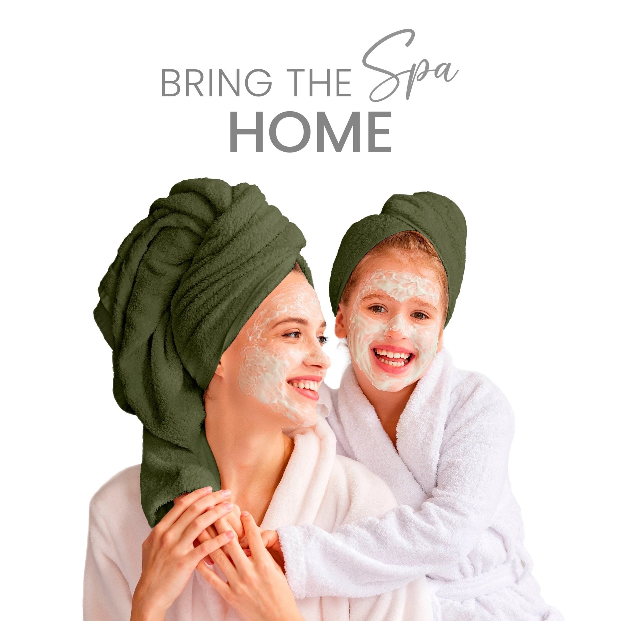 Two women with face masks and dark green towels on heads, smiling, with text 'Bring the Spa Home' on a white background.