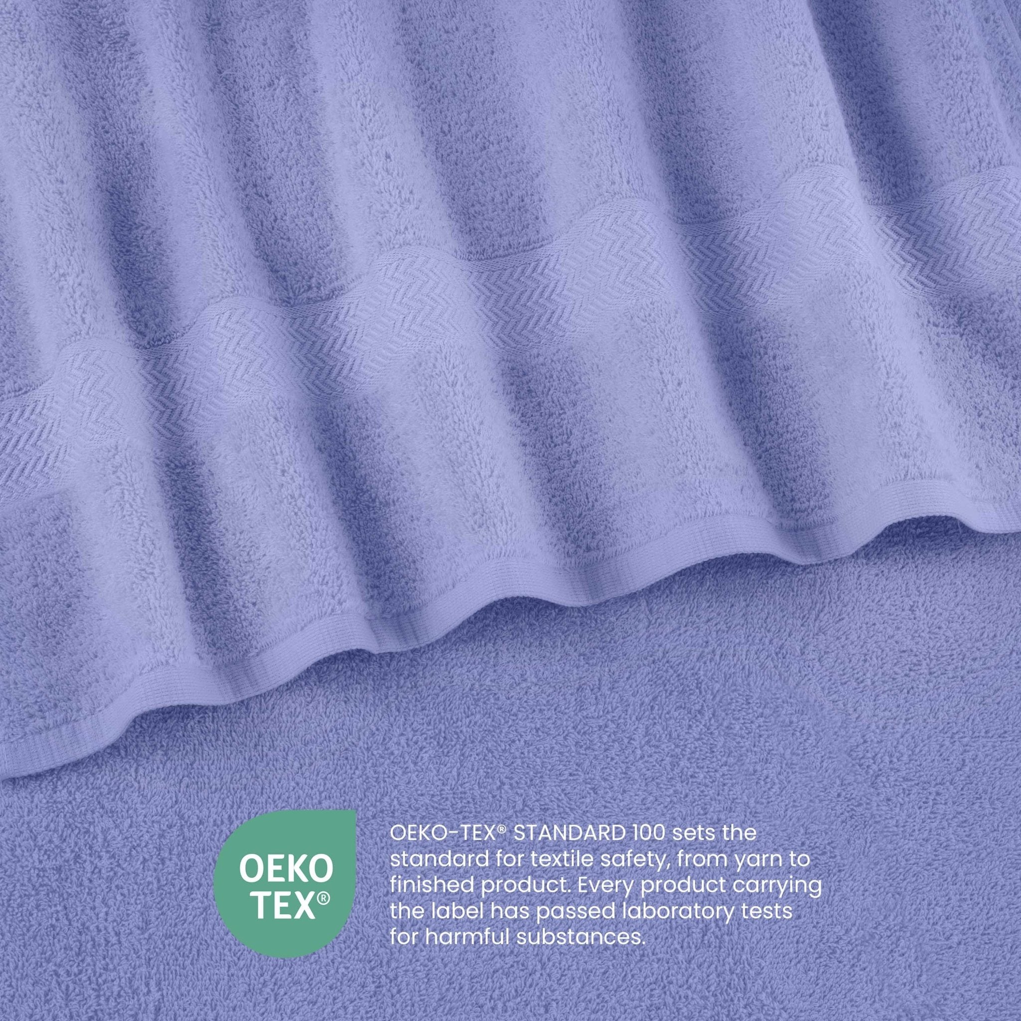 Close-up of lavender textured fabric with OEKO-TEX logo and text.