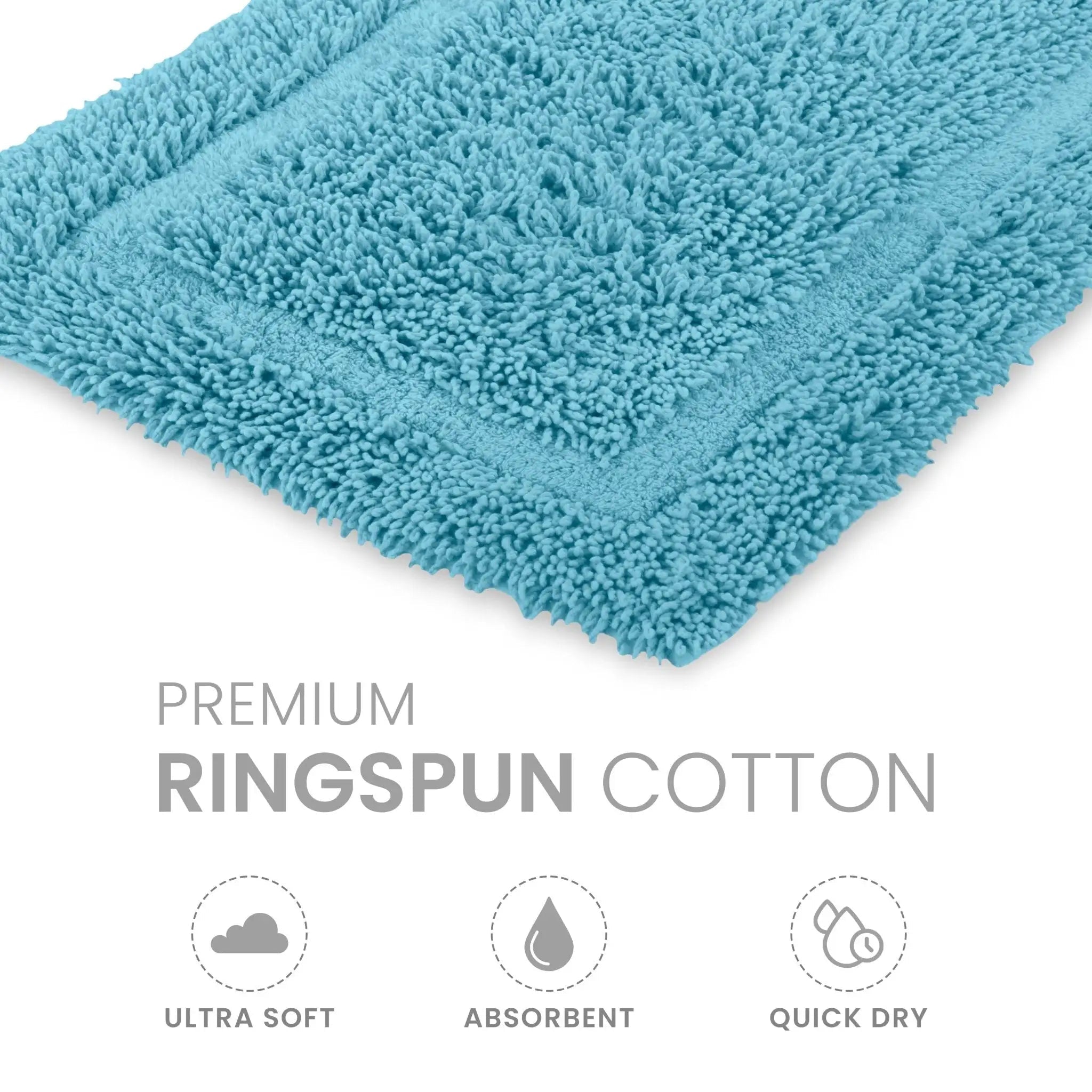 Blue bath rug with 'Premium Ringspun Cotton' text and features on a white background