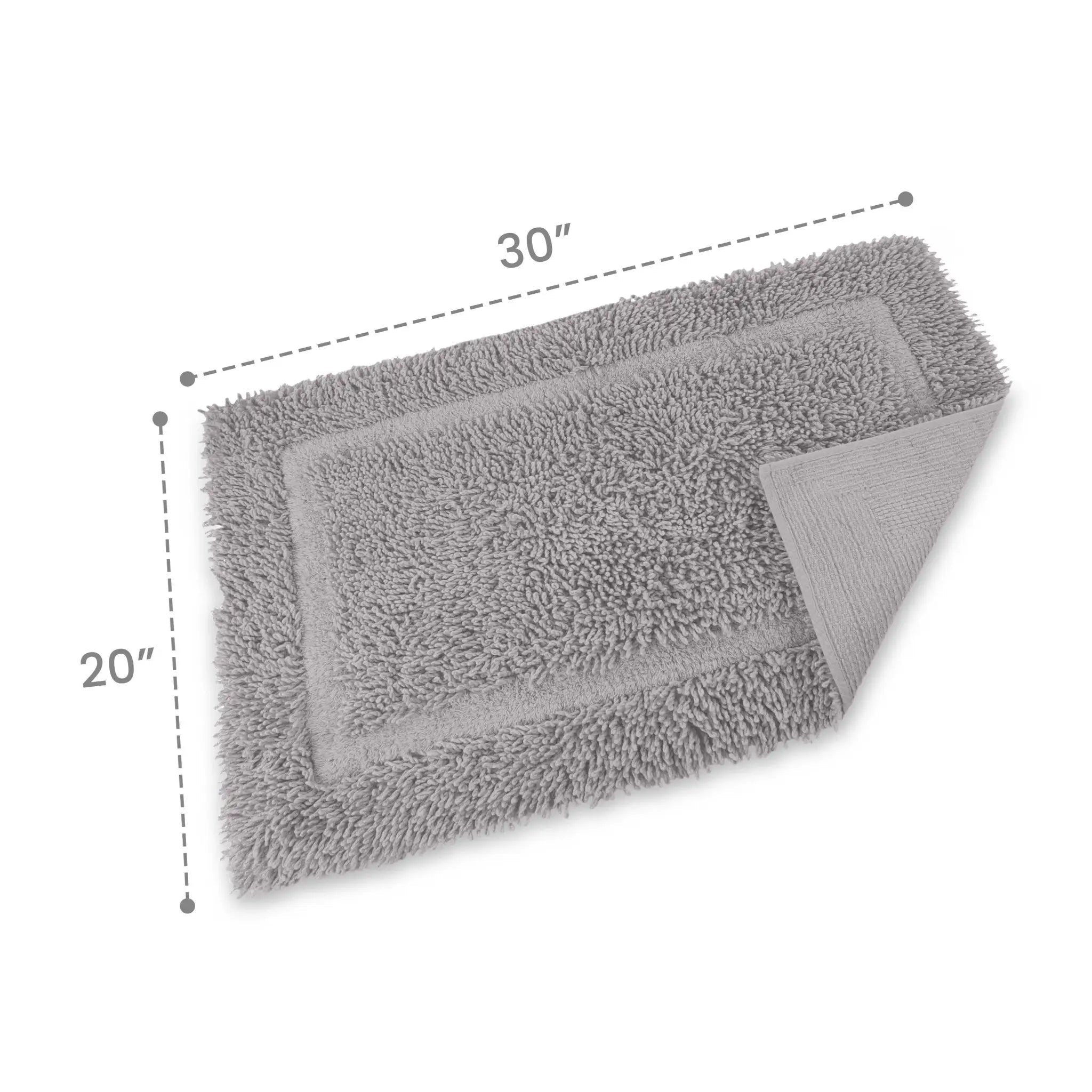 Silver bath rug with dimensions on a white background