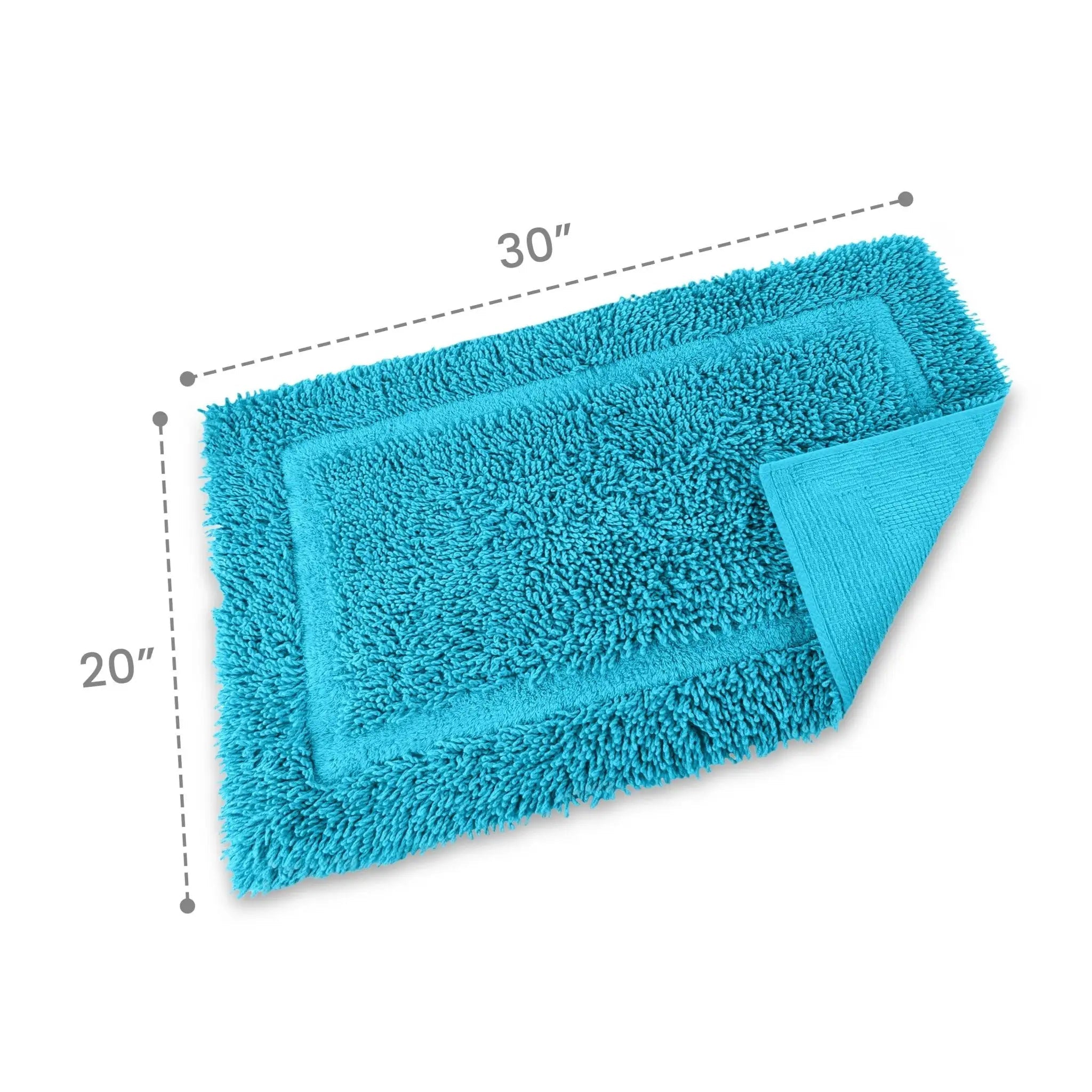 Aqua bath rug with dimensions on a white background