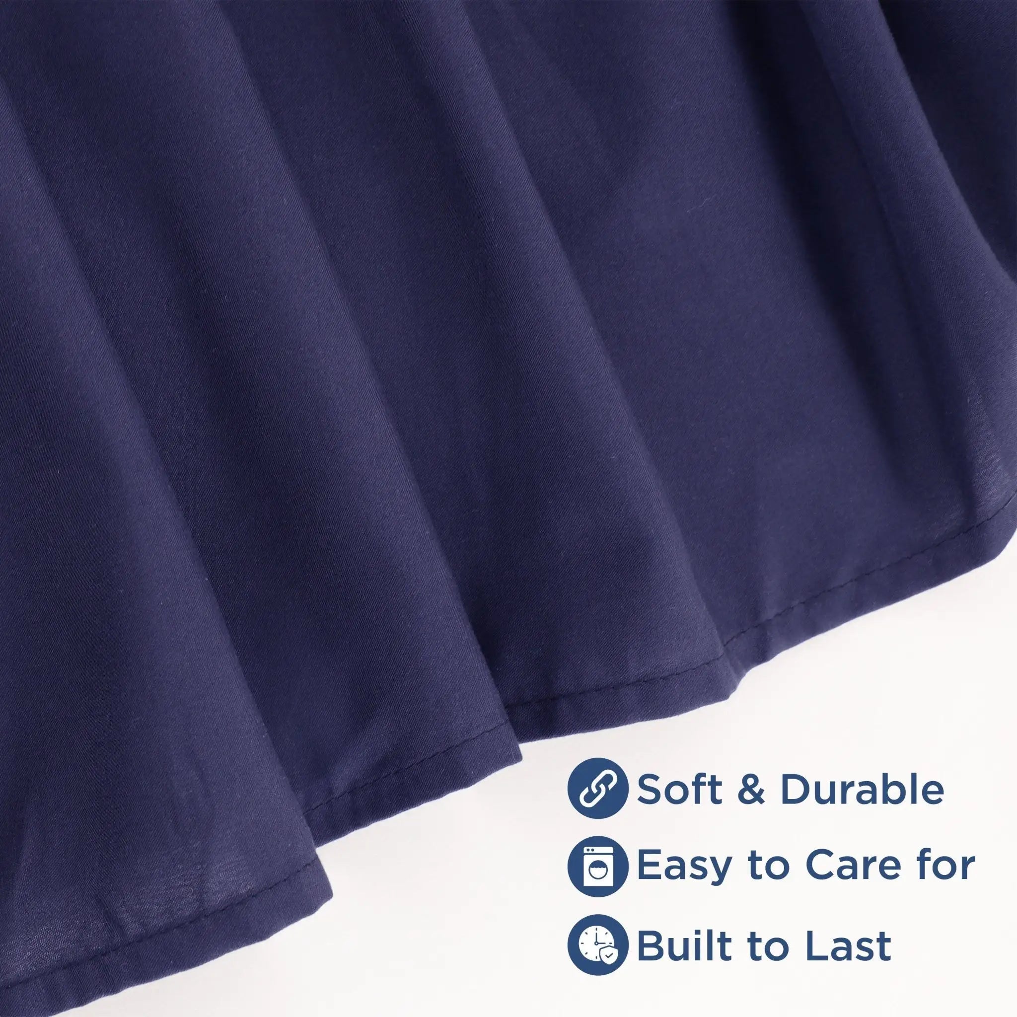 Close-up of navy fabric with text indicating features on a white background