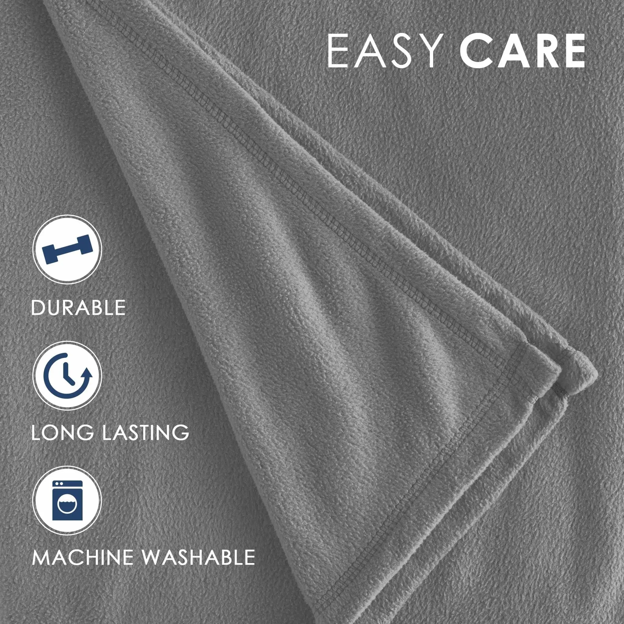 A close-up of a gray textured blanket, overlaid with the words 'EASY CARE' and icons reading 'DURABLE,' 'LONG LASTING,' and 'MACHINE WASHABLE.'.