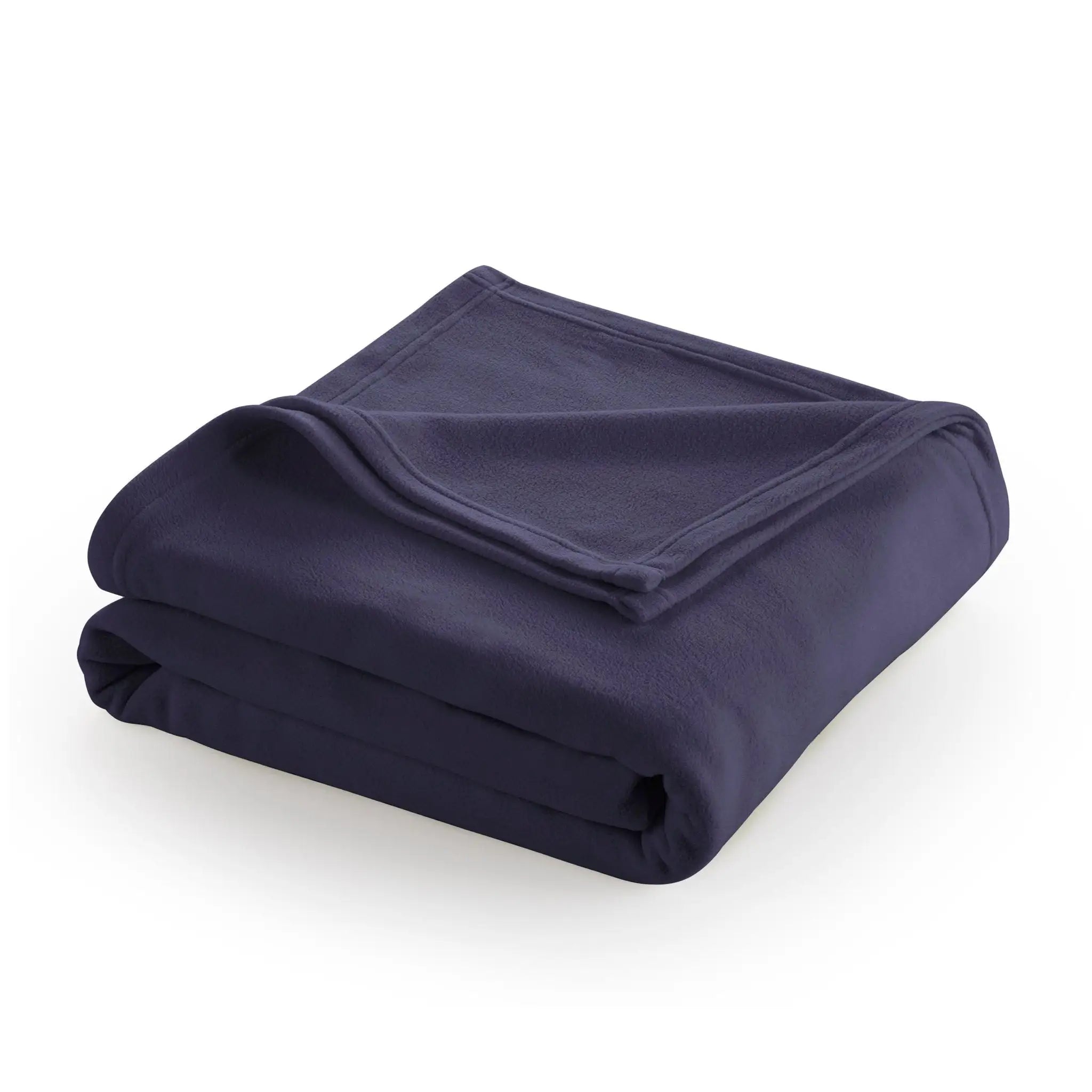 Folded navy blue blanket on a white background