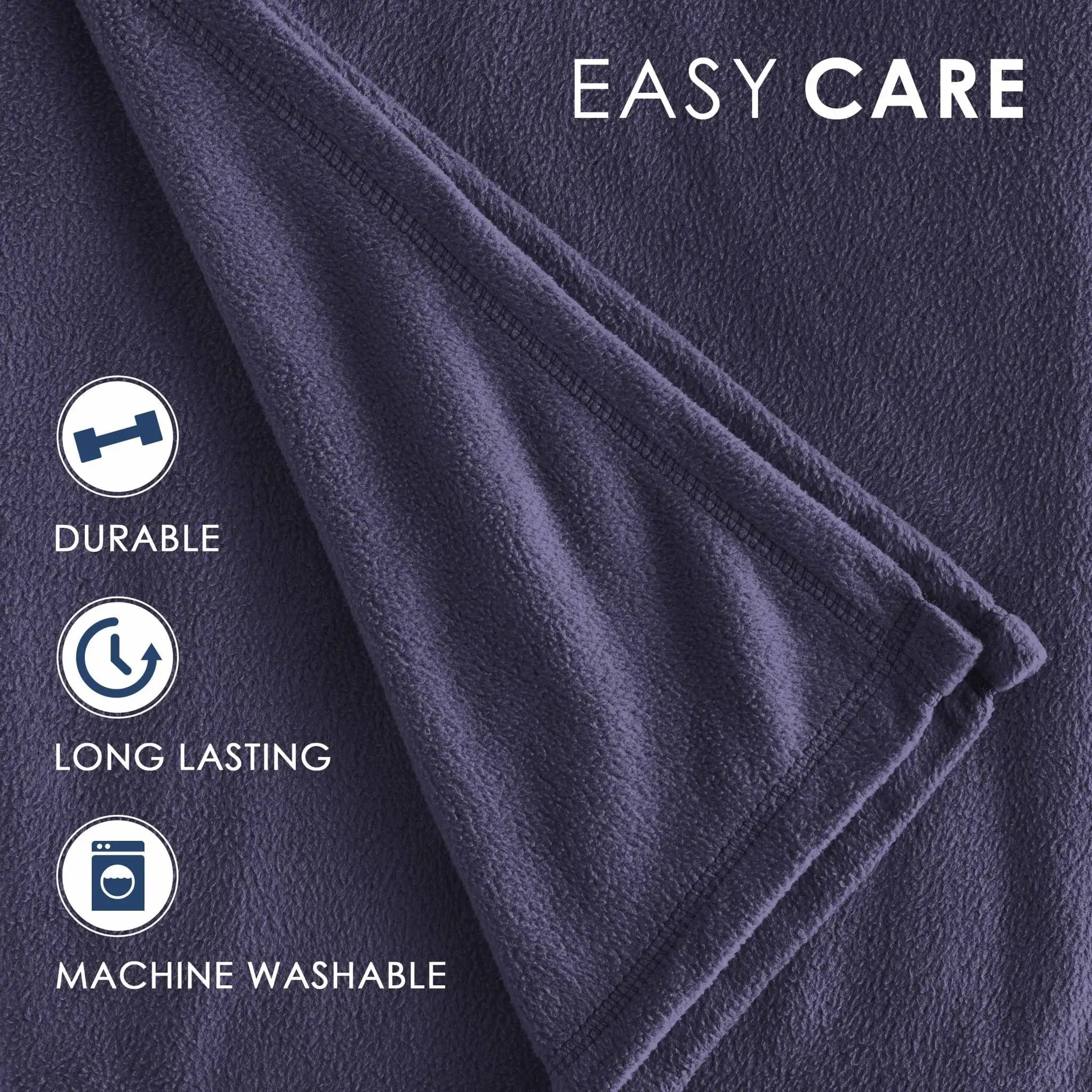 A close-up of a folded navy color, with 'EASY CARE' text at the top and three feature icons on the left reading 'DURABLE', 'LONG LASTING', and 'MACHINE WASHABLE'.