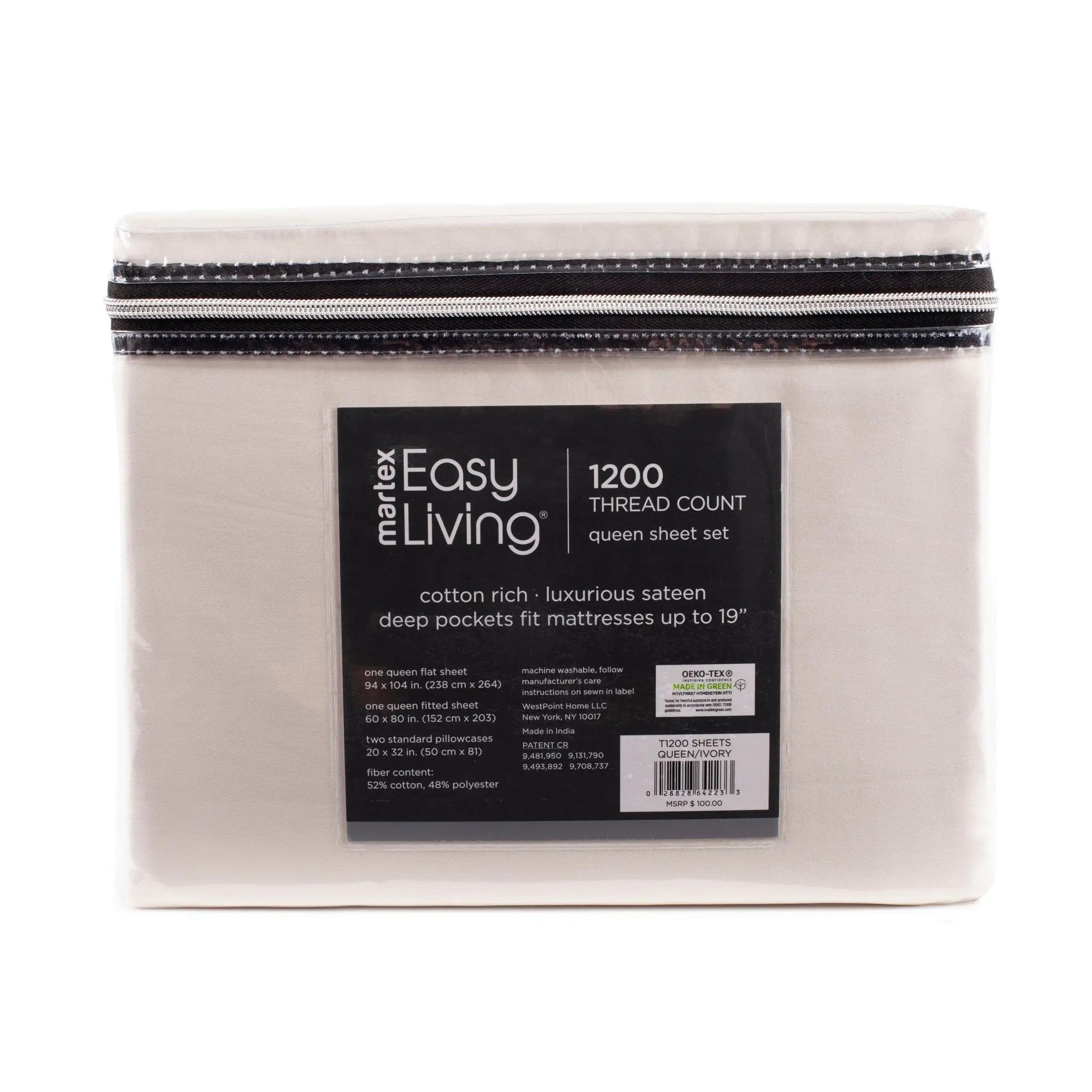 Marlex Easy Living 1200 thread count queen sheet set packaging on a white background