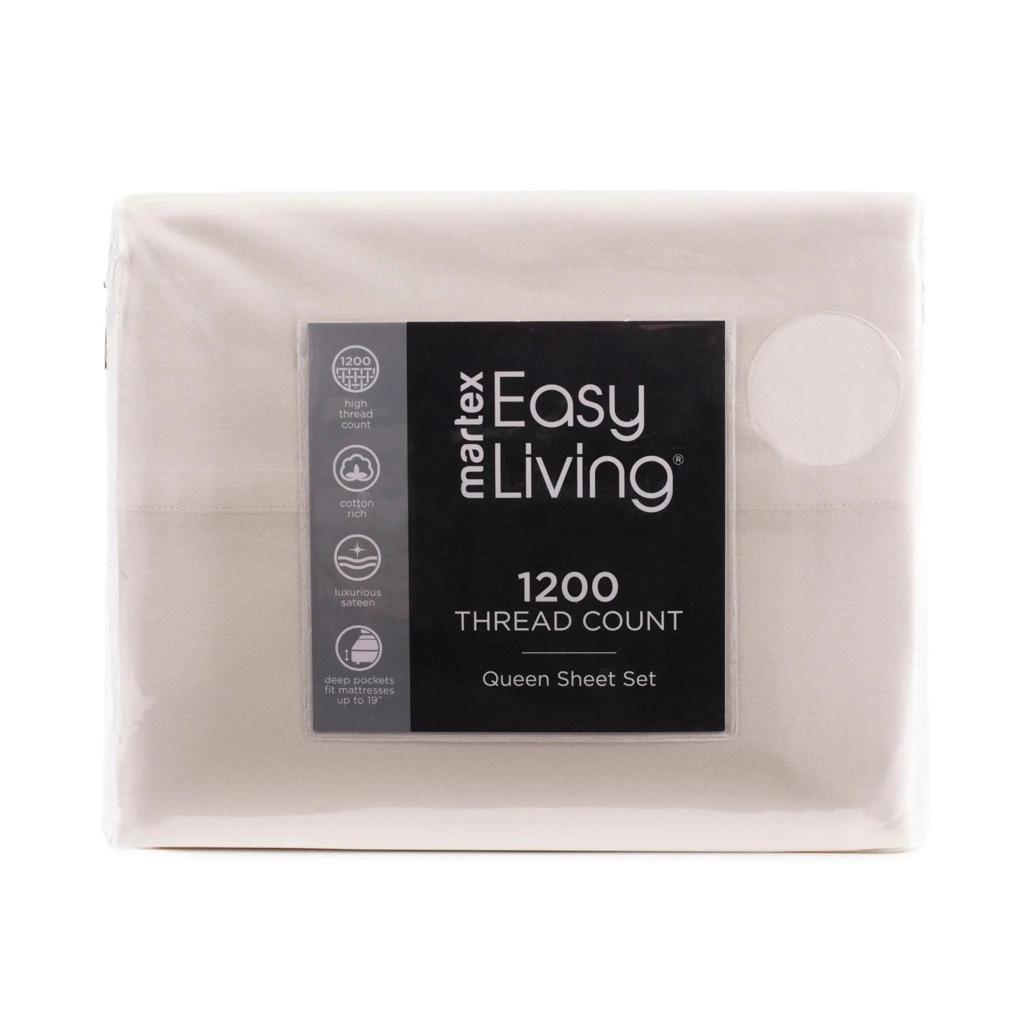 A packaged Queen Sheet Set by matex Easy Living, featuring a black label with white text on a light beige sheet, sealed in clear plastic against a white background.