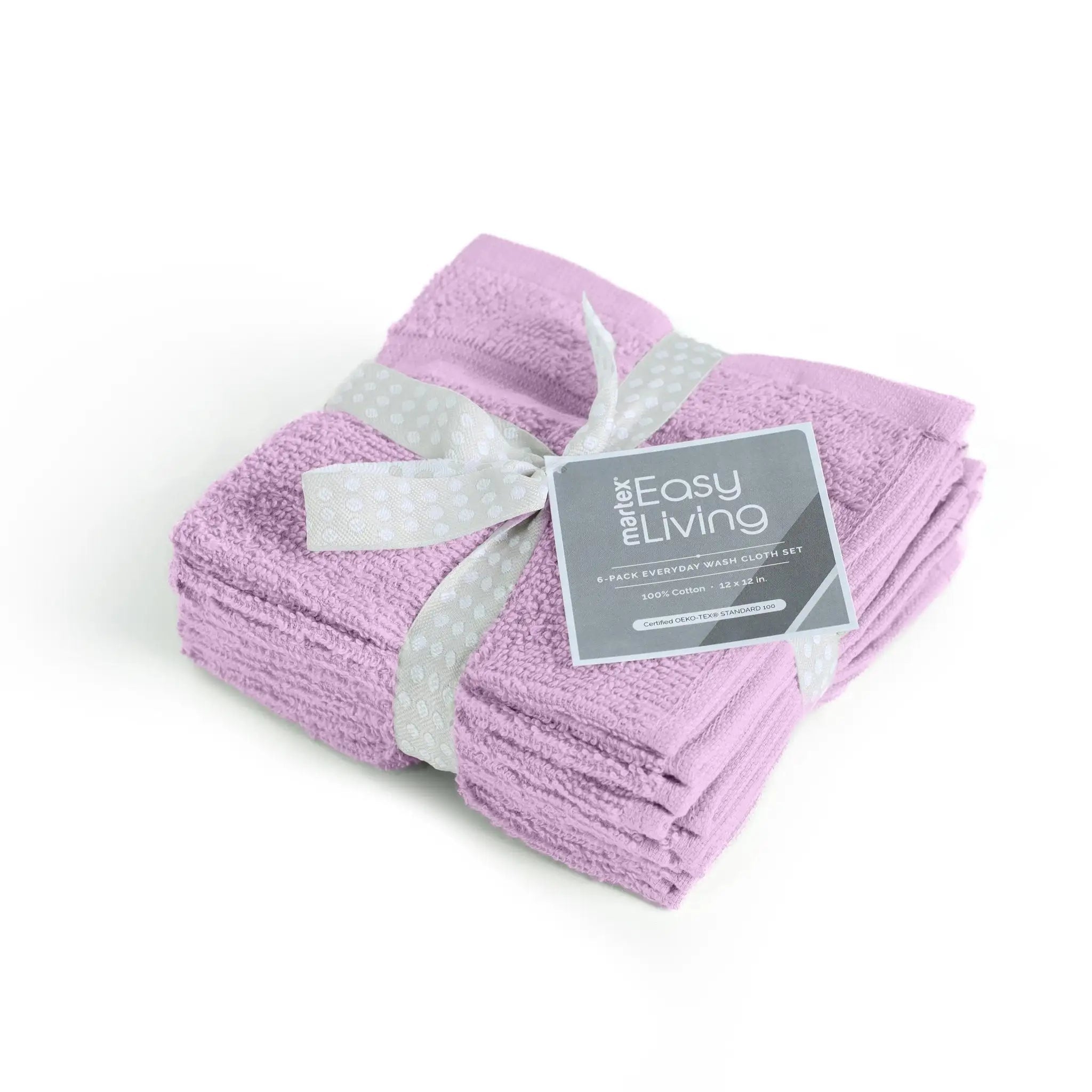 Set of lilac washcloths with a white ribbon and 'Martex Easy Living' label on a white background