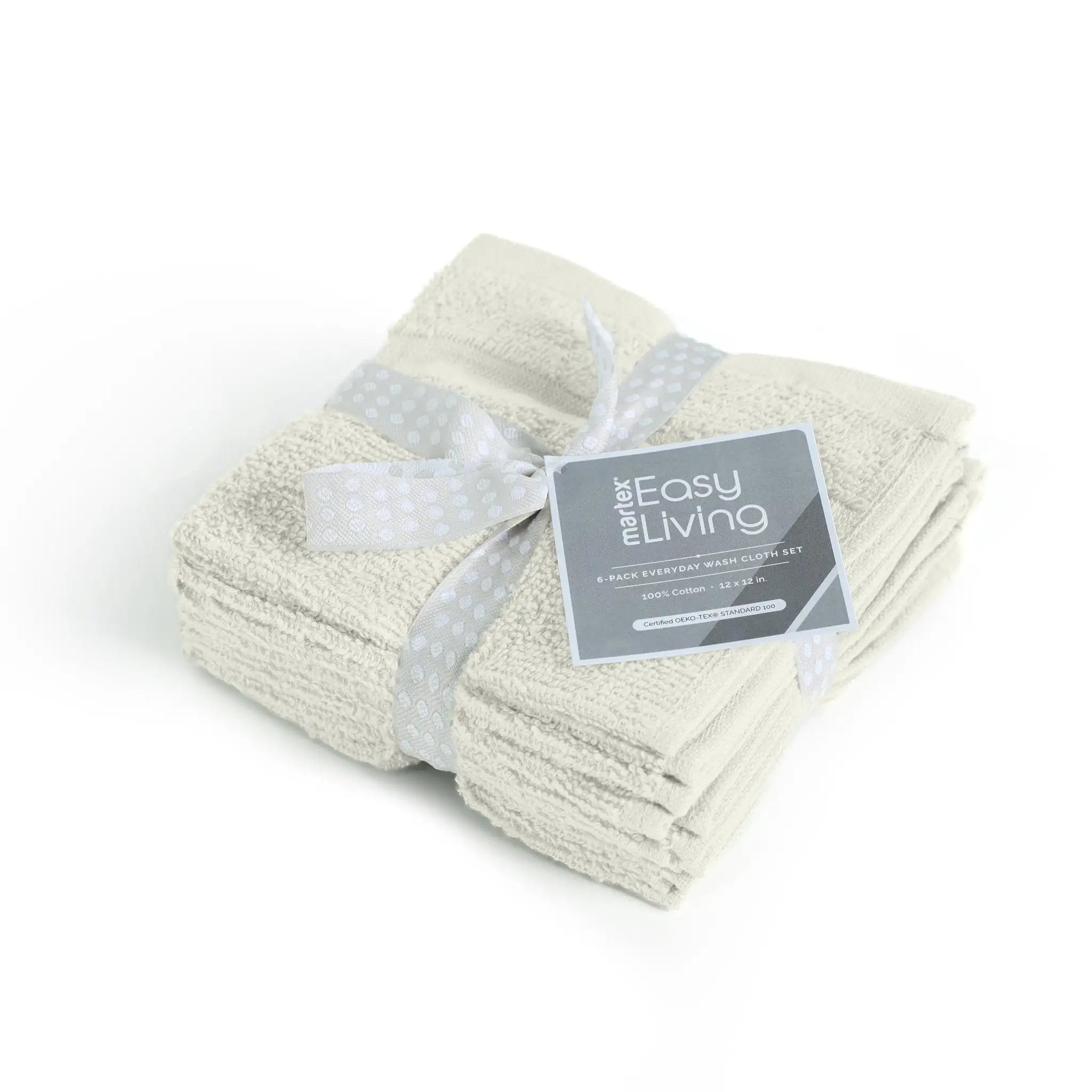 A set of washcloths in ivory color, tied with a white ribbon and a product tag that reads 'Martex Easy Living'.