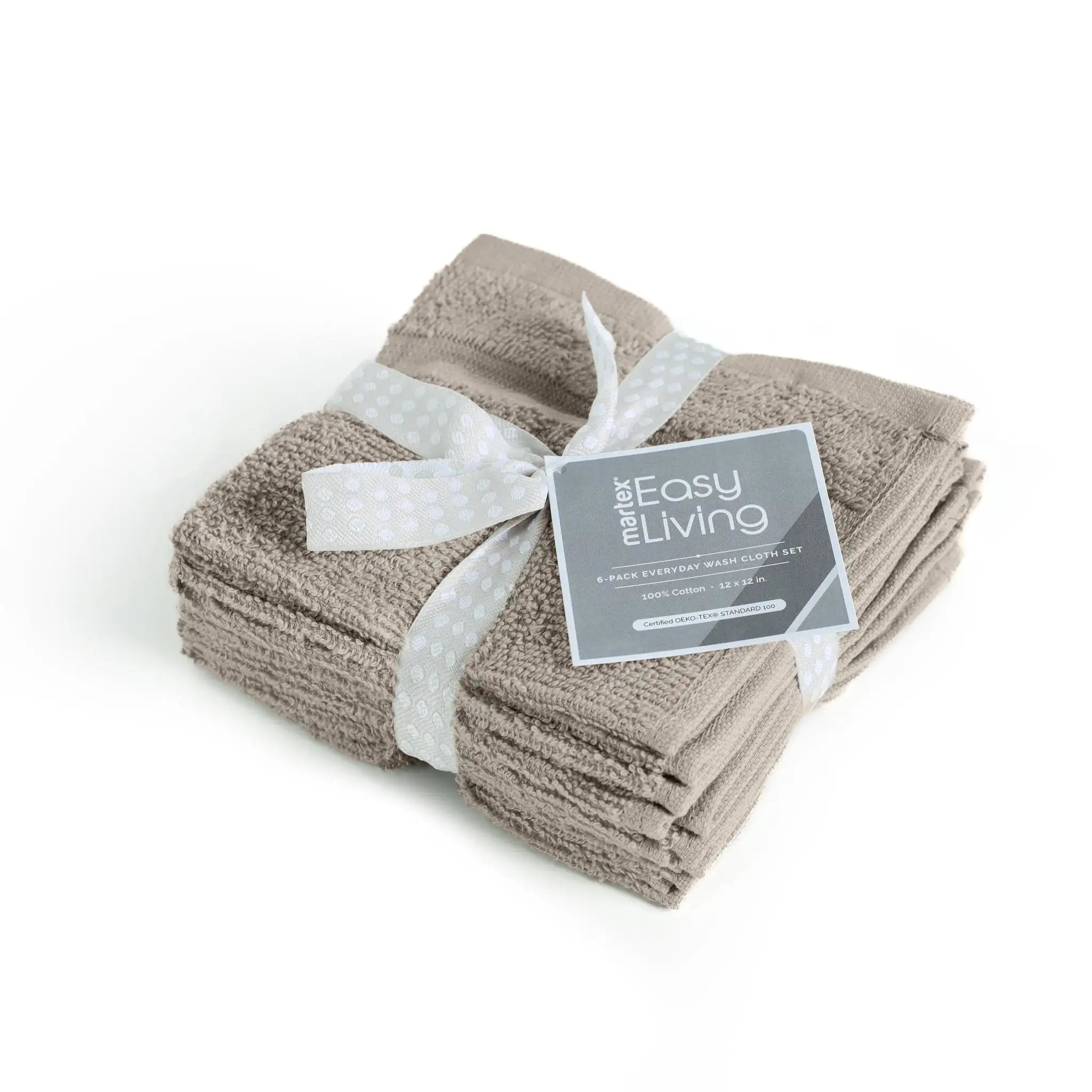 Set of folded beige washcloth with a white ribbon and 'Easy Living' label on a white background