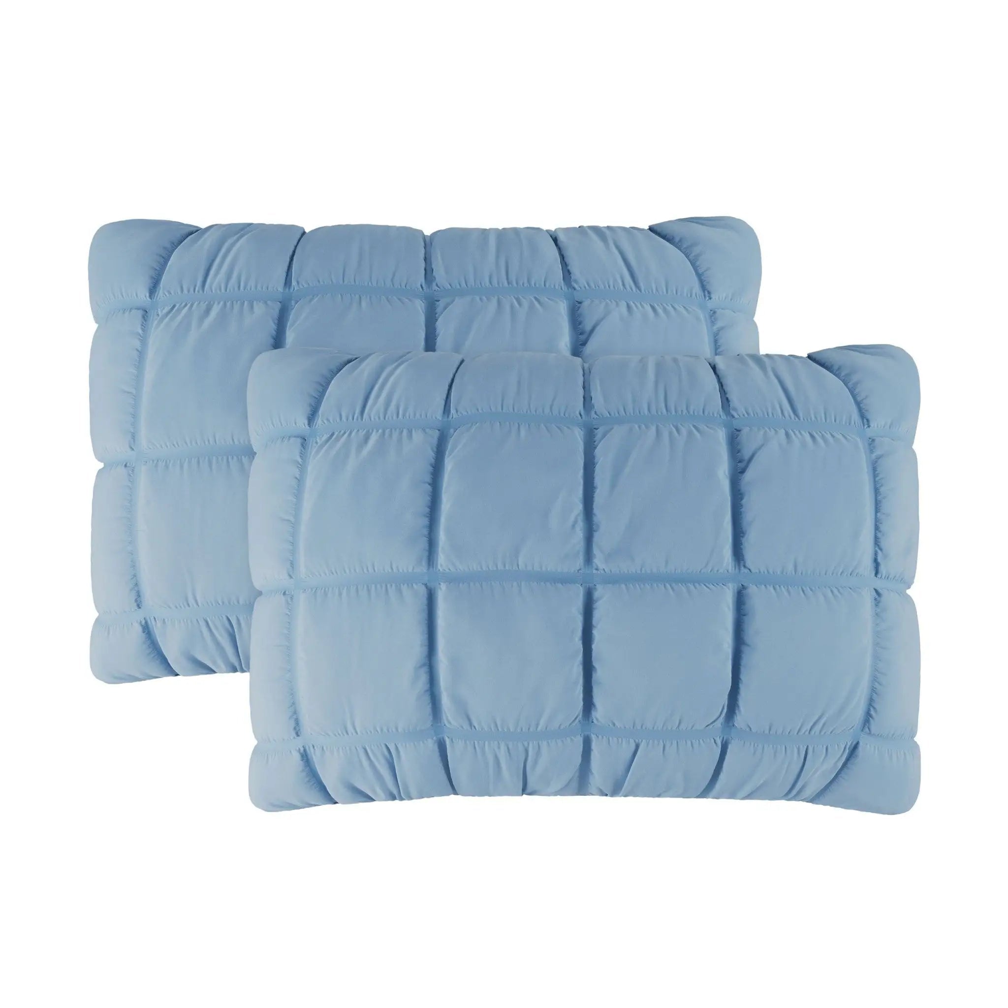 Two light blue quilted pillow shams with a grid pattern, shown on a plain white background.