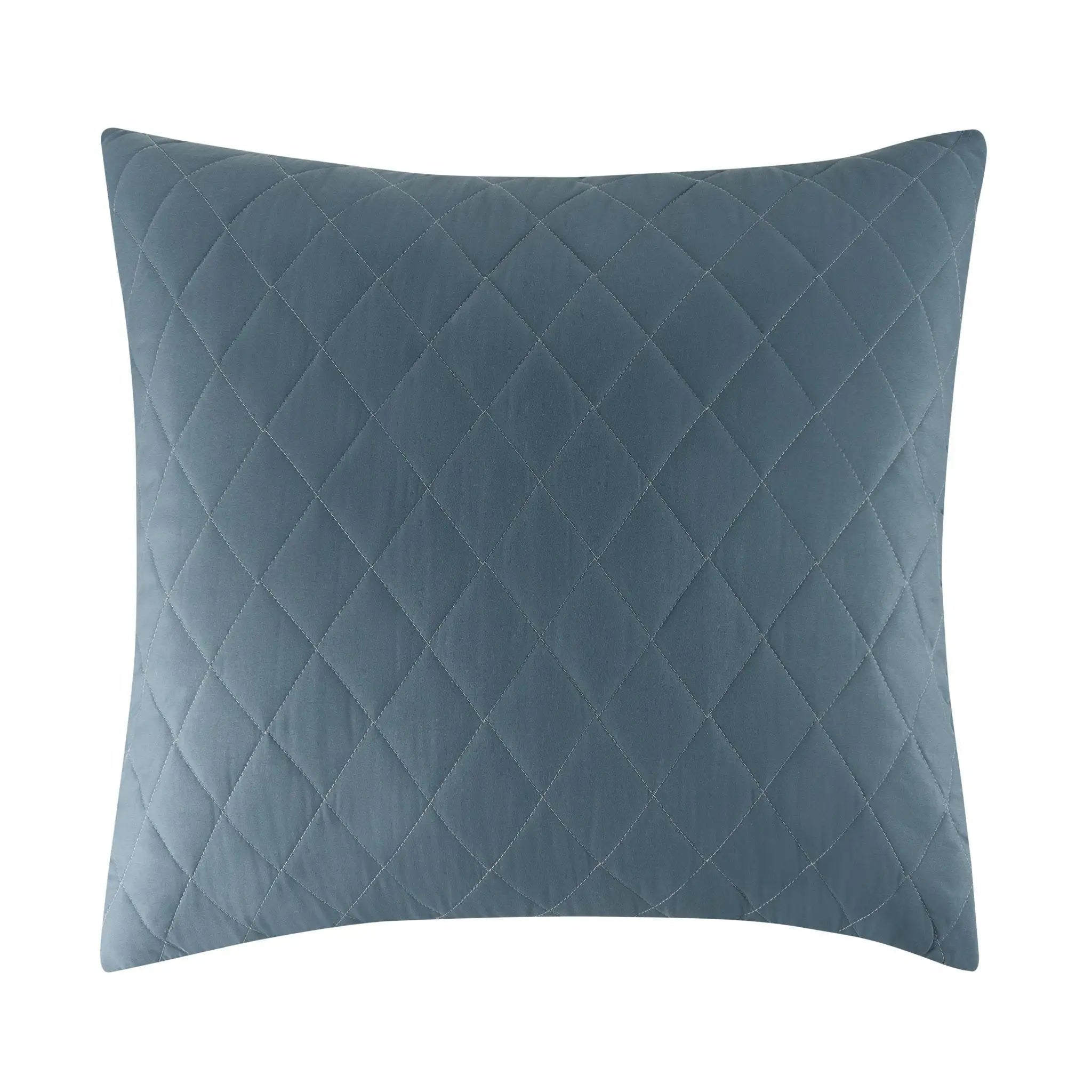 A square throw pillow in a blue color, featuring a diamond-quilted pattern, shown against a plain white background.