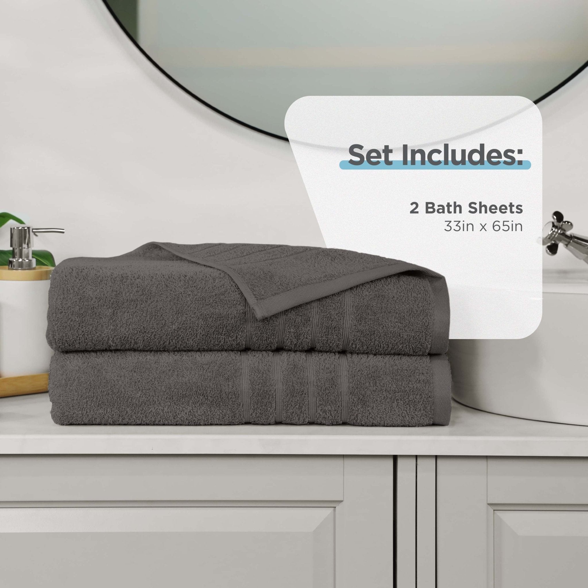 Two Eiffel tower bath sheets on a bathroom counter with product details overlay.