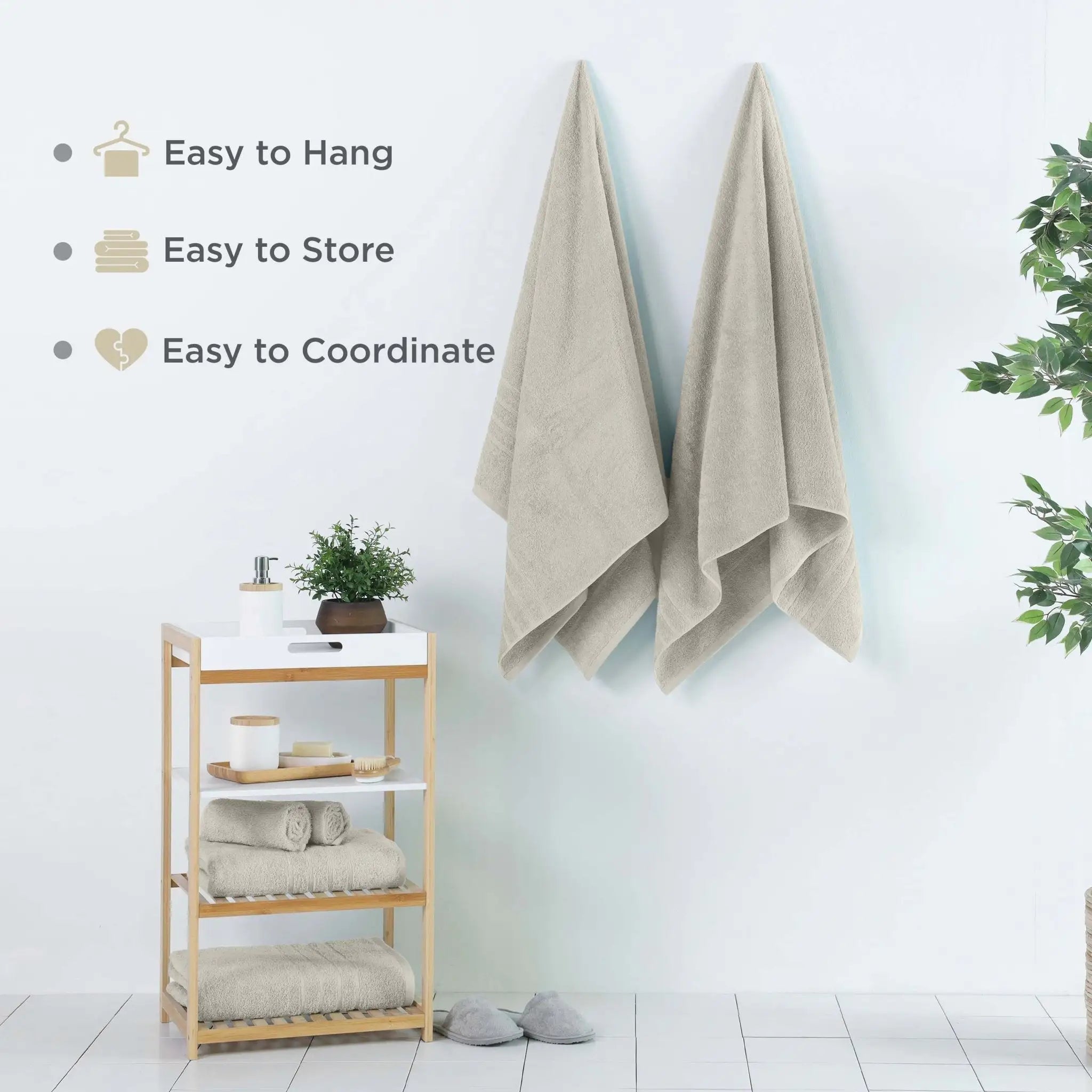 Sand colored bath sheet hanging on a rack with text indicating ease of use.