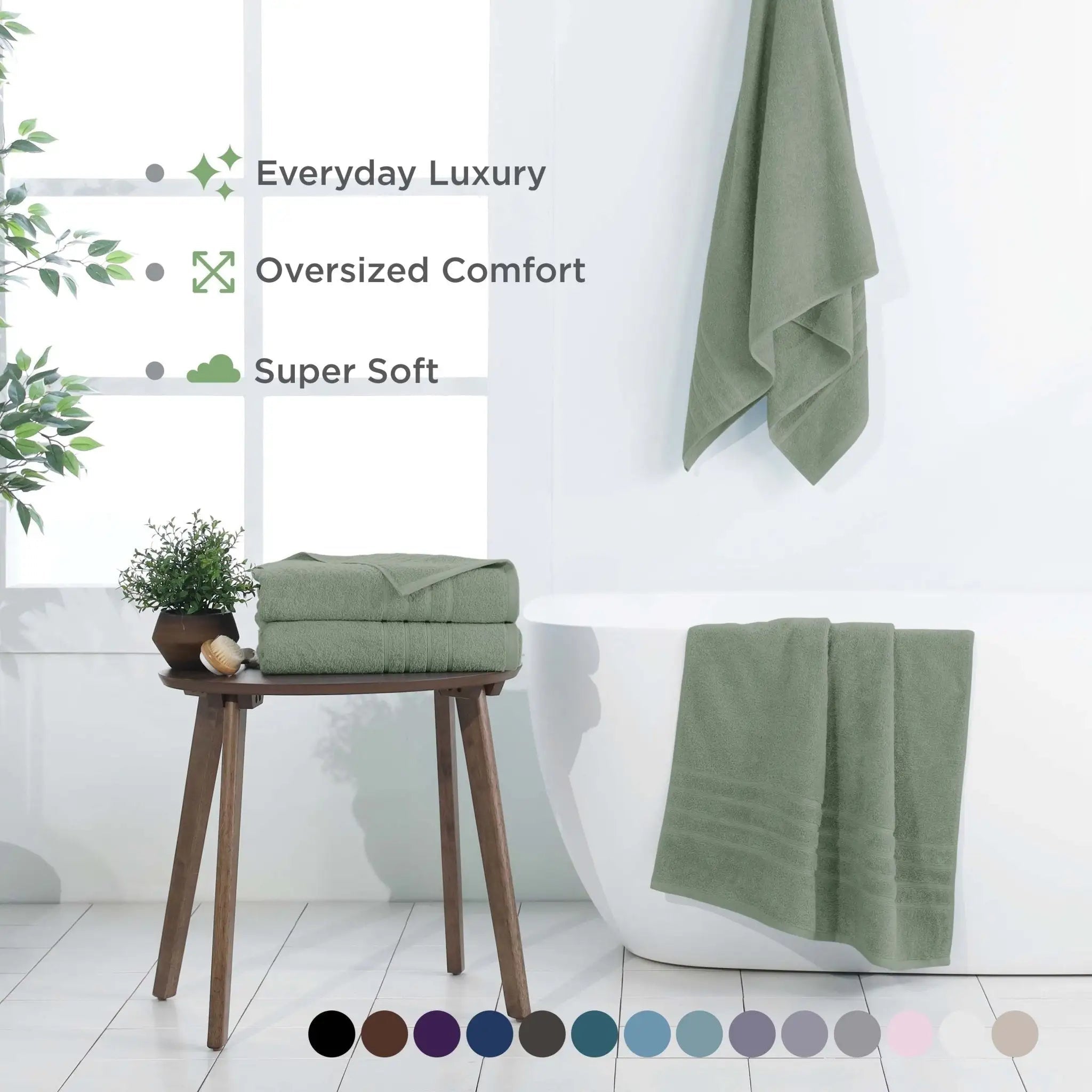 Sage bath sheets displayed in a bathroom setting with text highlighting features.