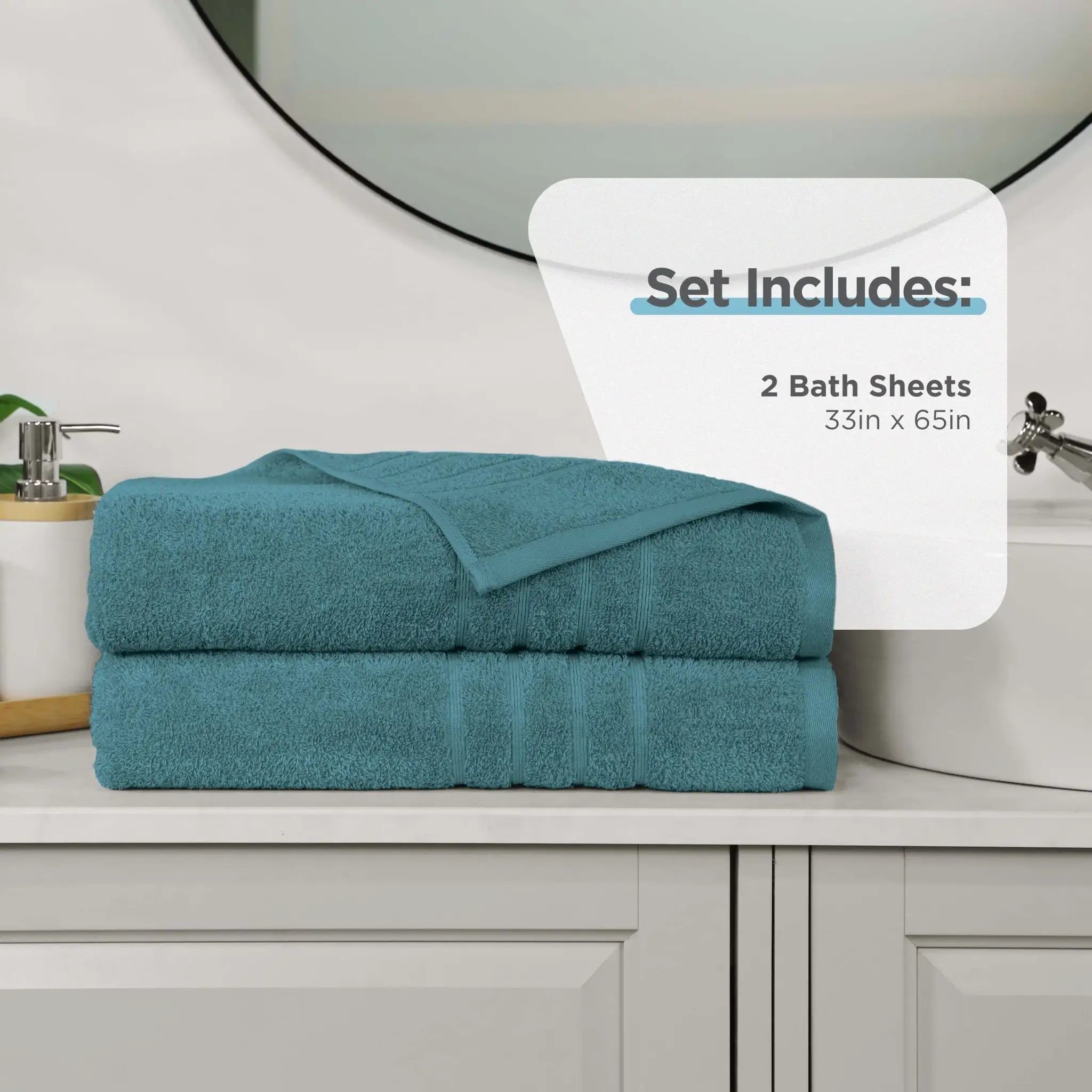 Two teal bath sheets on a bathroom counter with product details overlay.