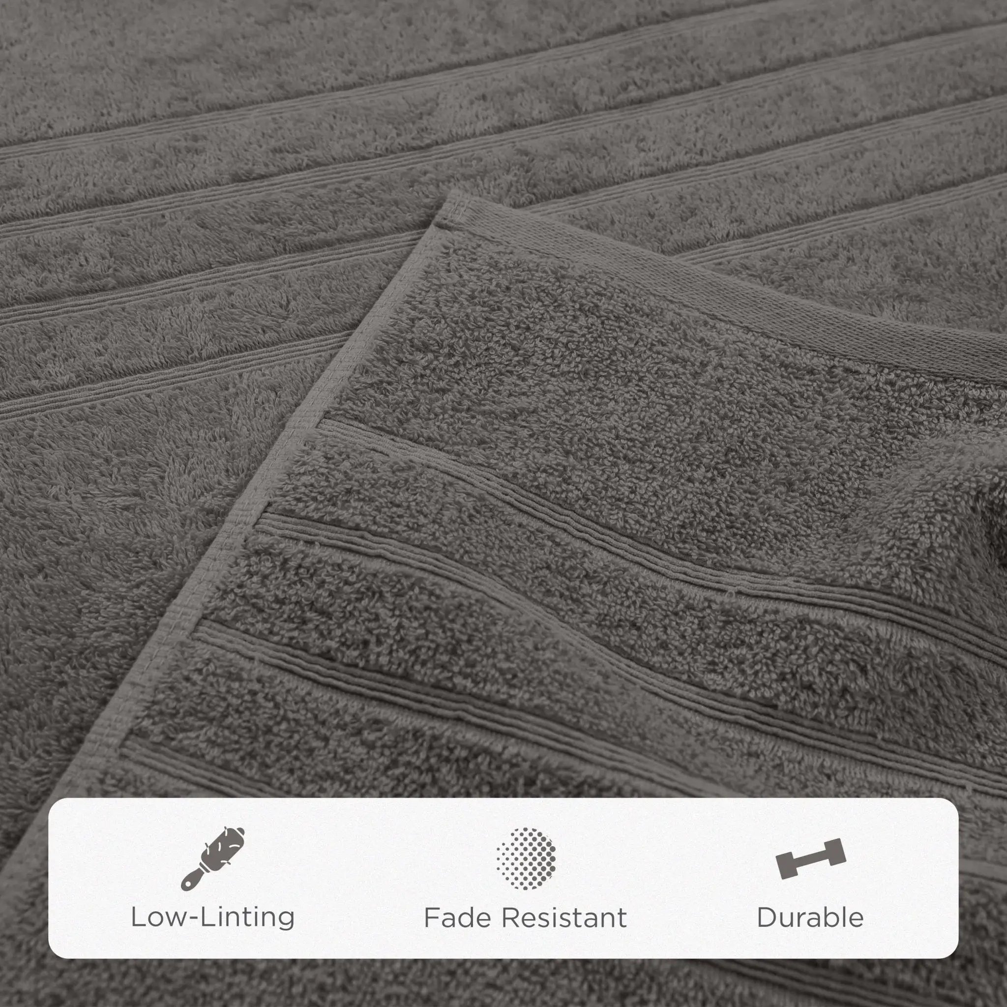 Gray bath sheet with texture details and feature icons at the bottom