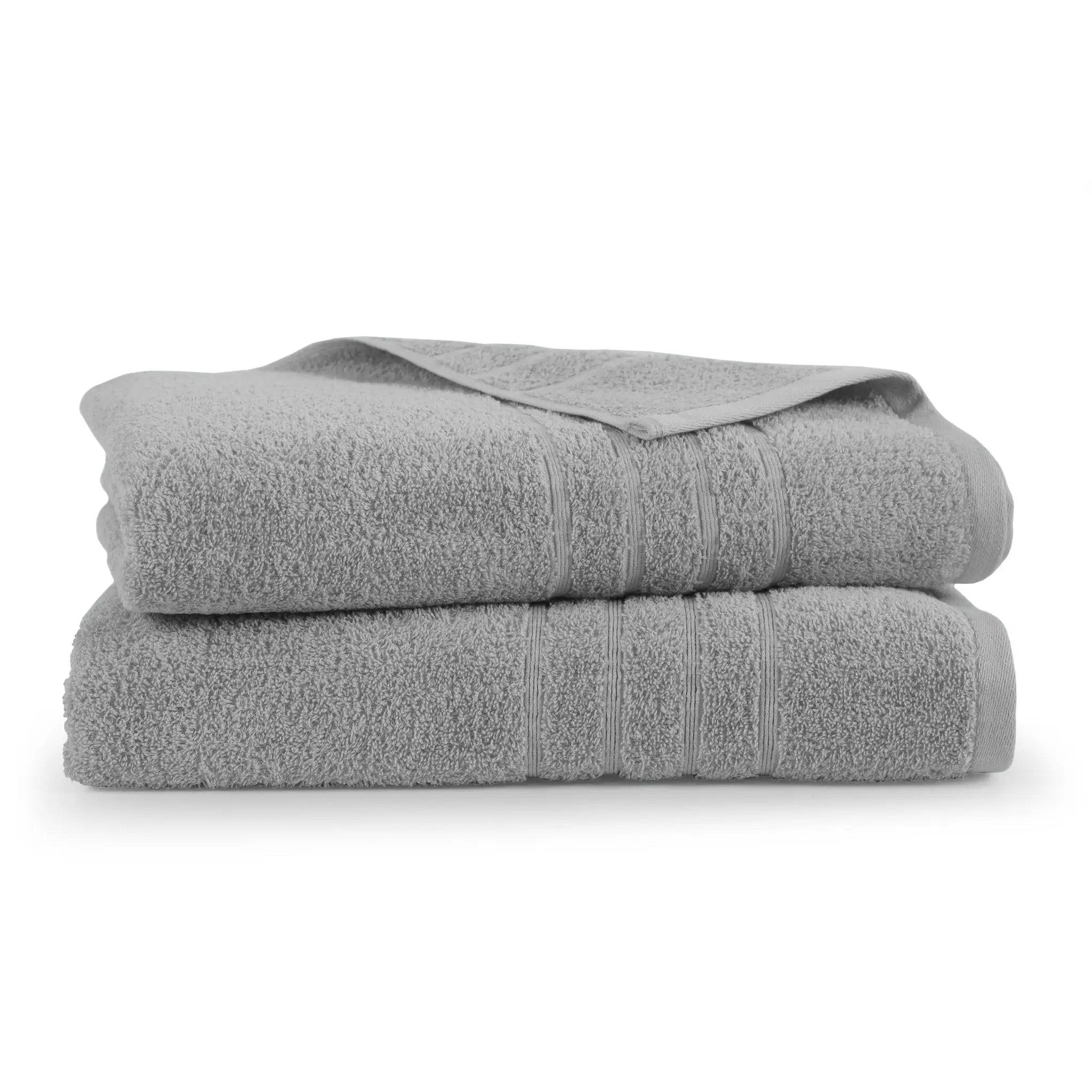 Two folded gray bath sheets on a white background