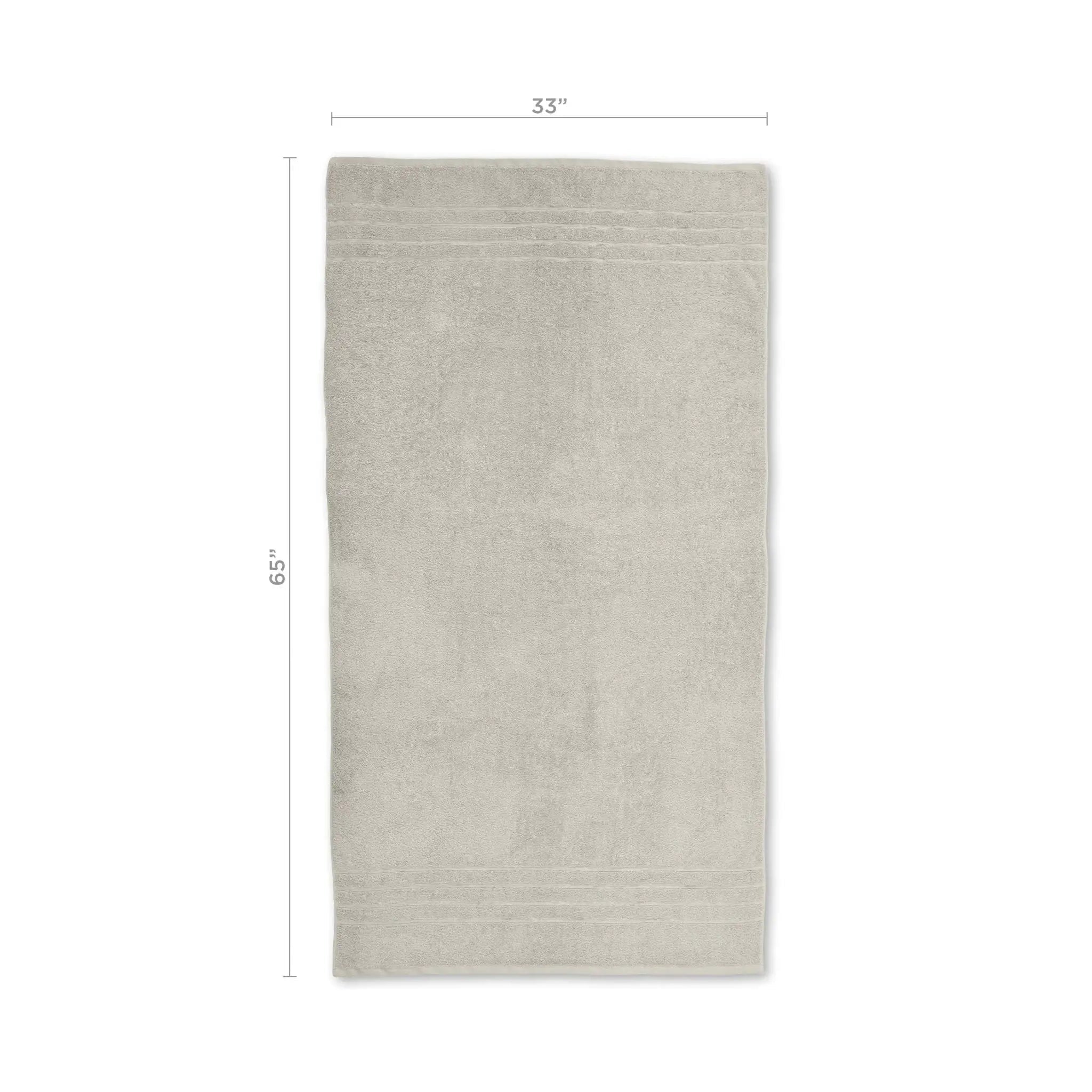 Sand colored bath sheet with dimensions on a white background