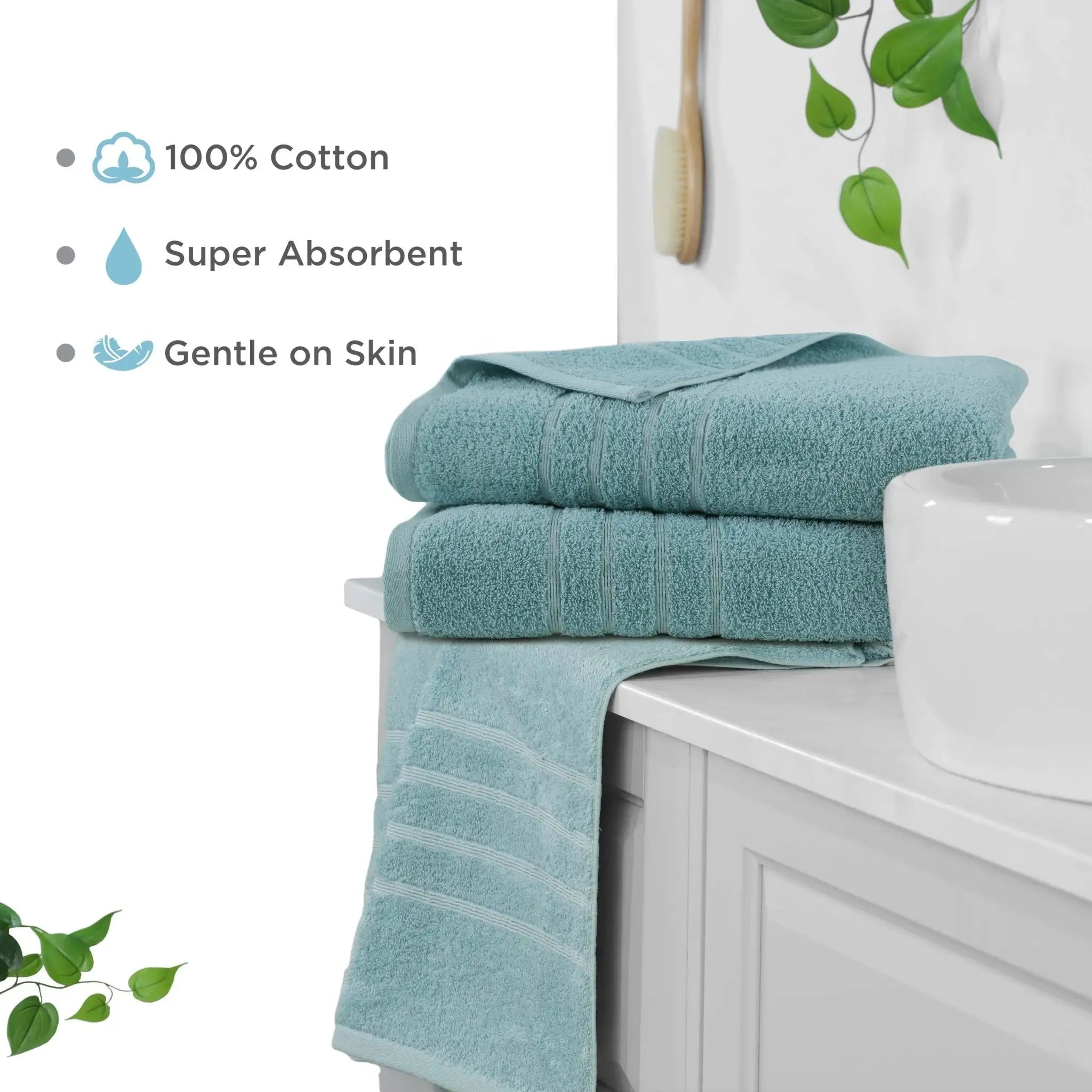Set of mineral colored bath sheets on a bathroom counter with text highlighting features.