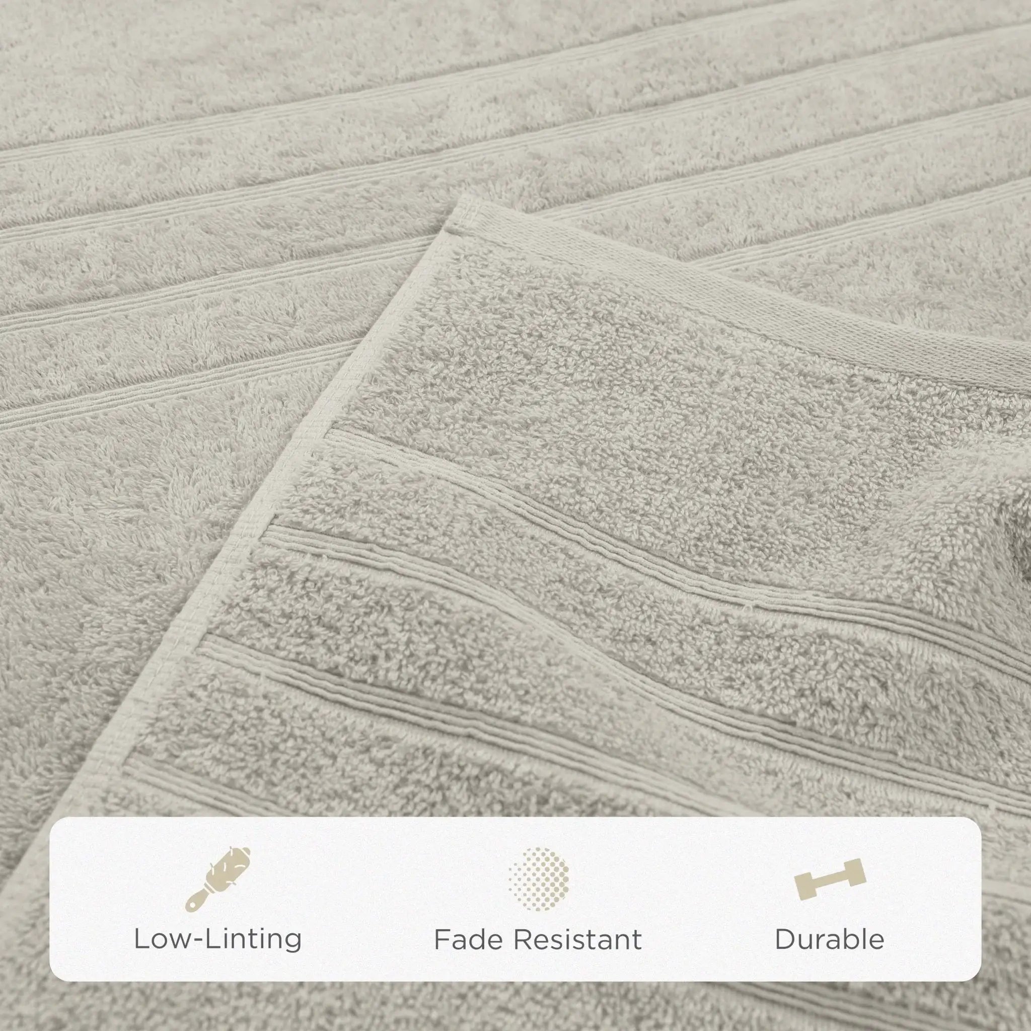 Sand colored bath sheet with texture details and feature icons at the bottom.