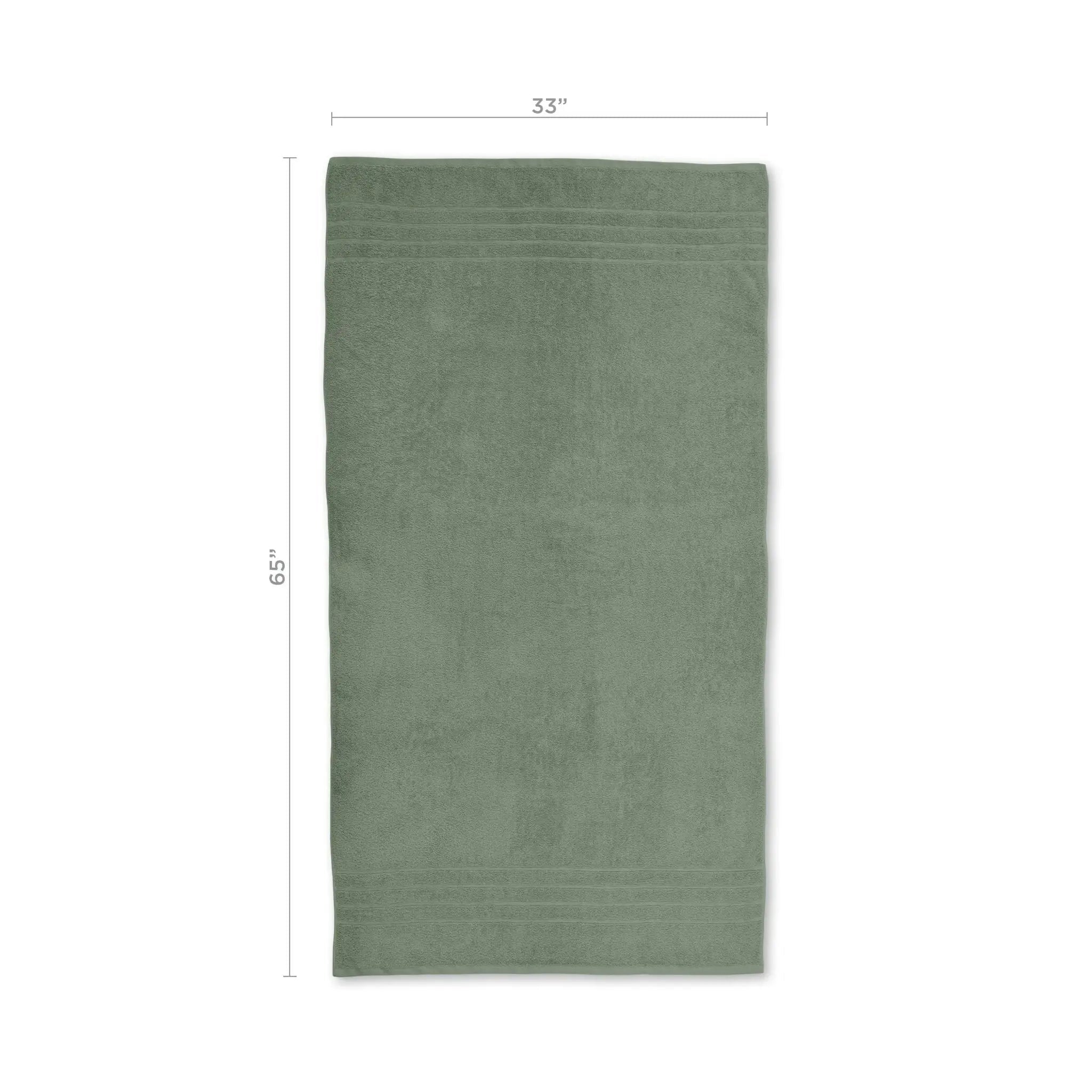 Sage bath sheet with dimensions on a white background