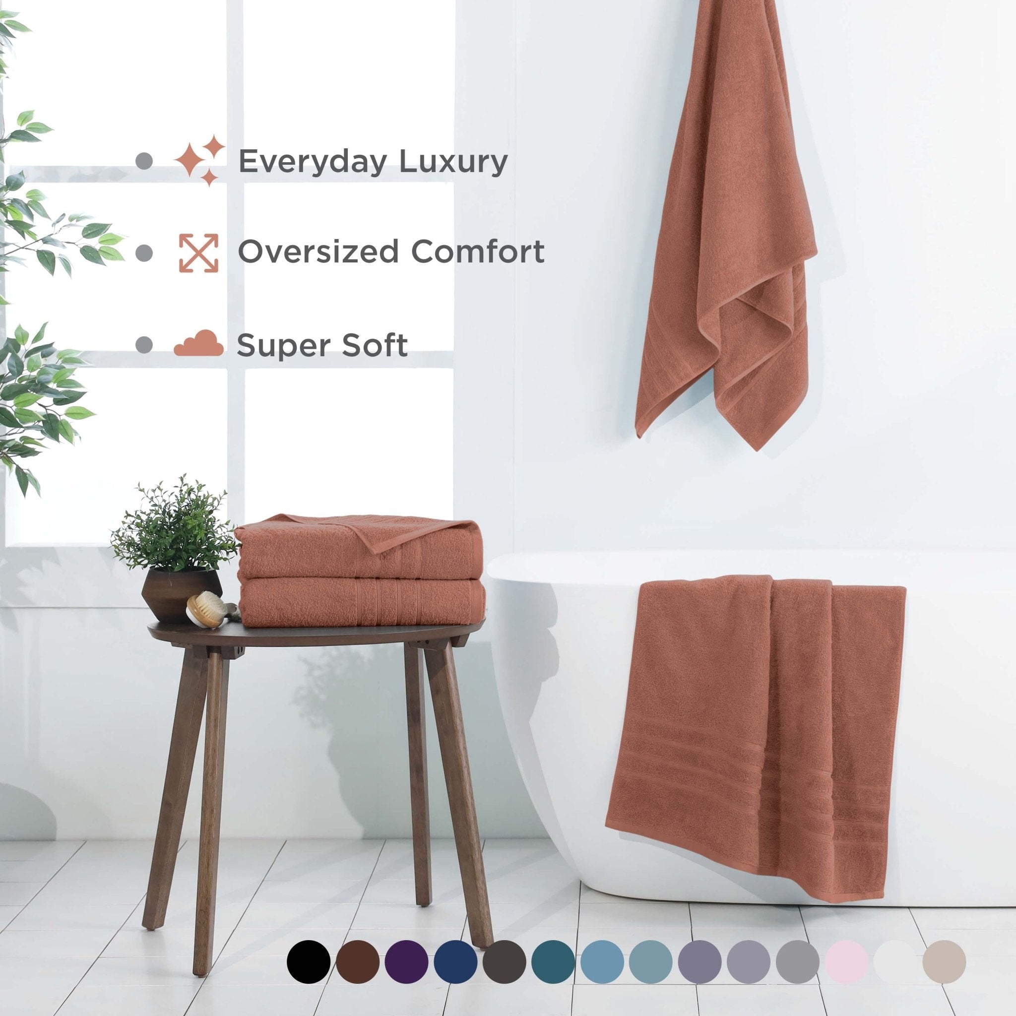 Terracotta bath sheets displayed in a bathroom setting with text highlighting features.
