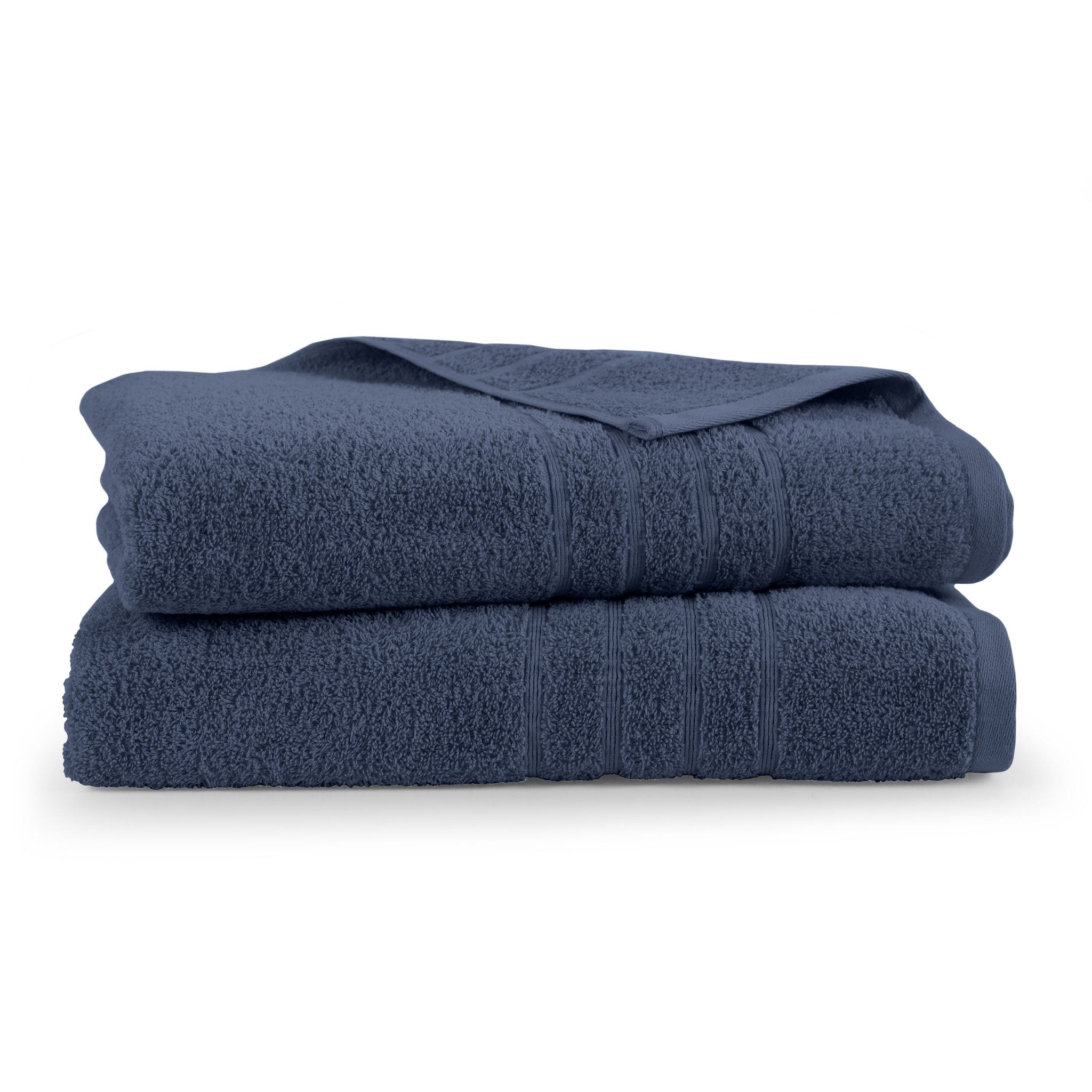 Two folded estate blue bath sheets on a white background