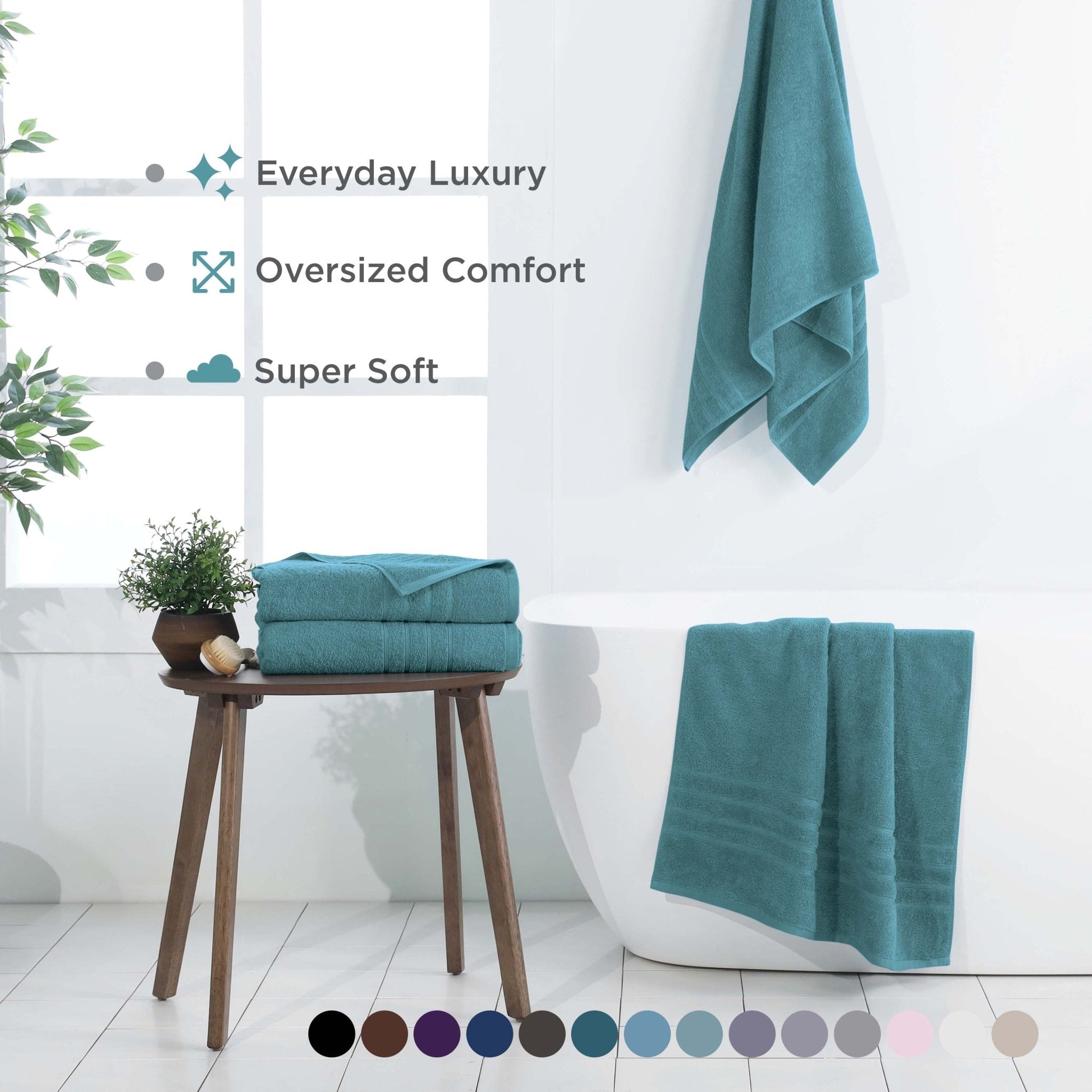 Larkspur teal bath sheets displayed in a bathroom setting with text highlighting features.