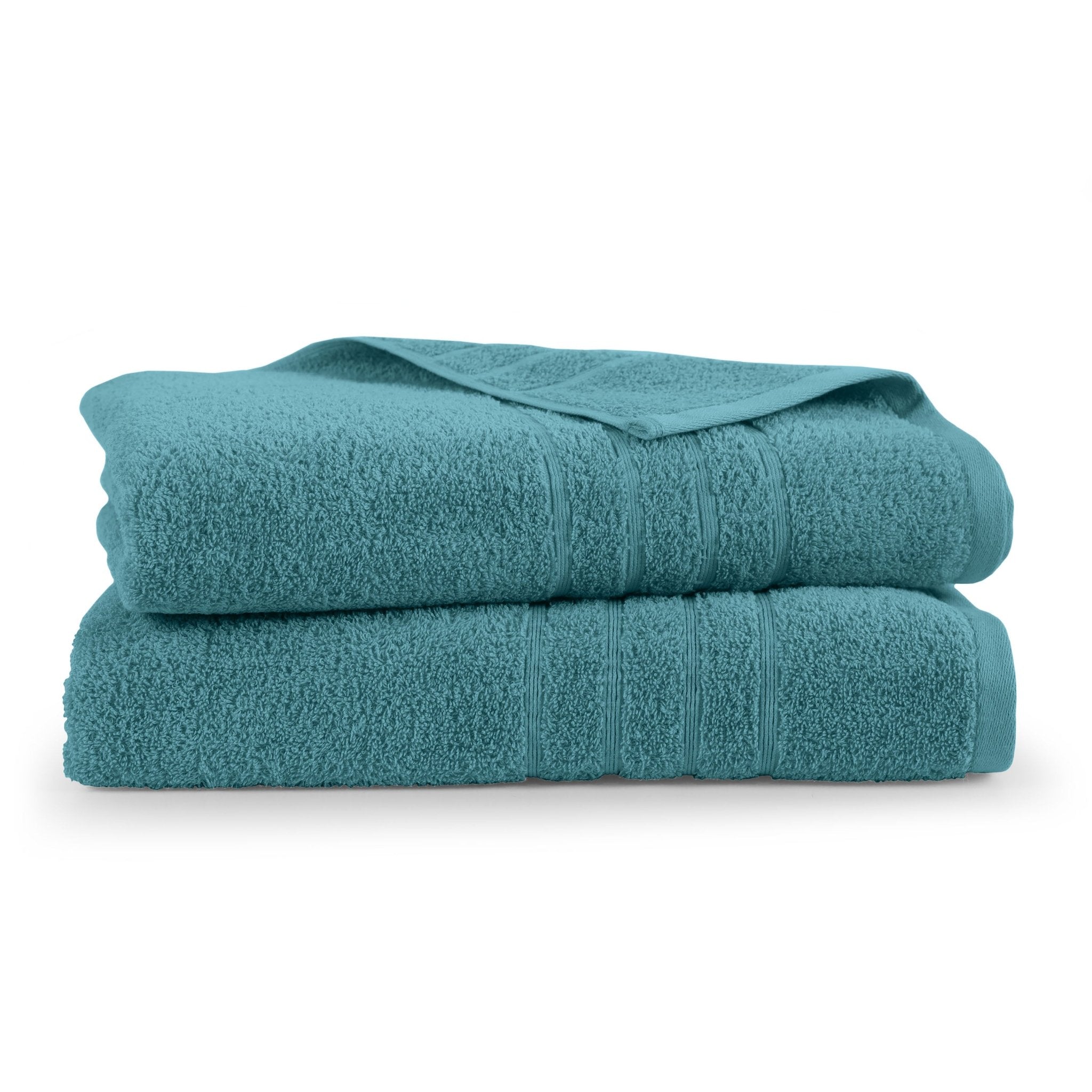 Two folded larkspur teal bath sheets on a white background