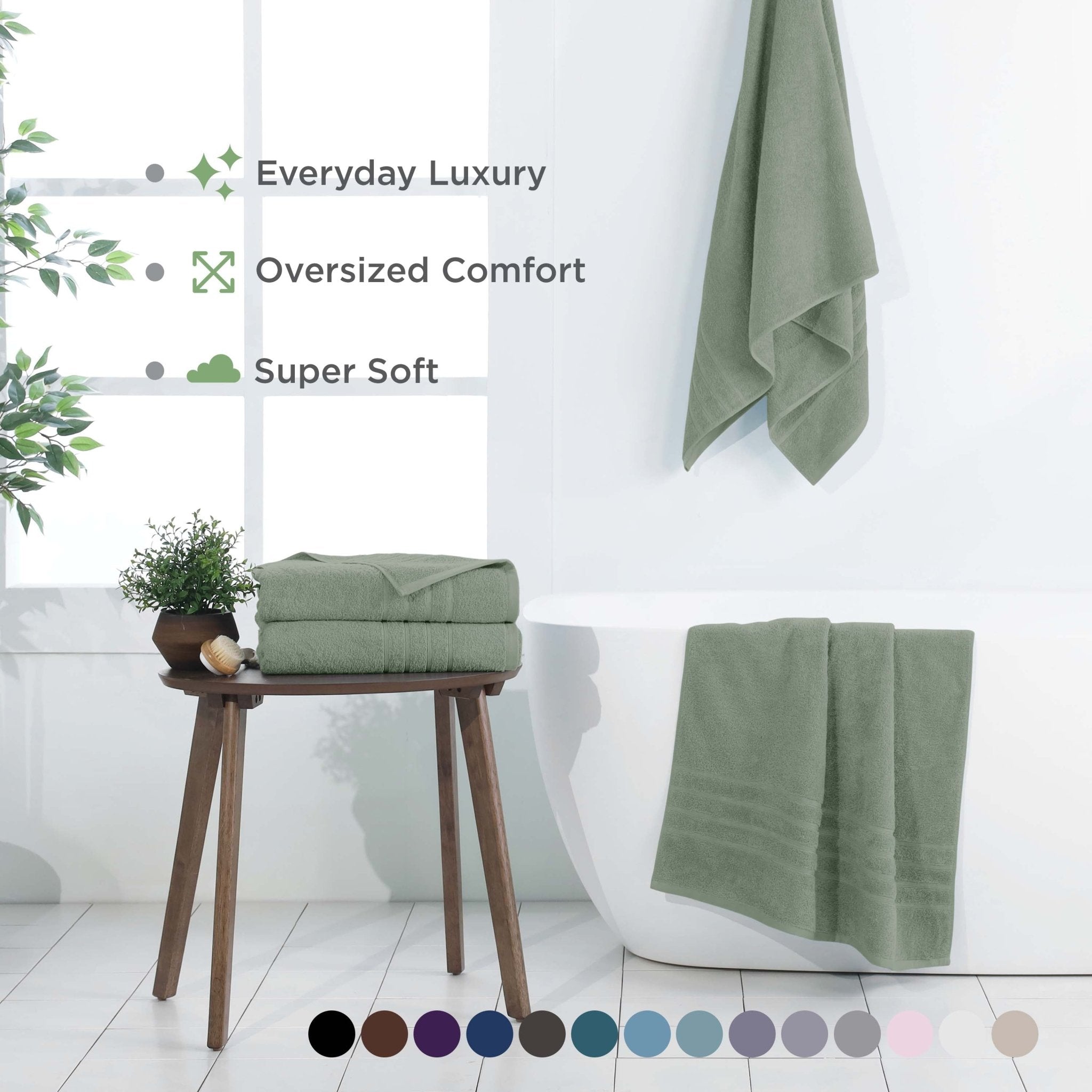 Sage bath sheets displayed in a bathroom setting with text highlighting features.
