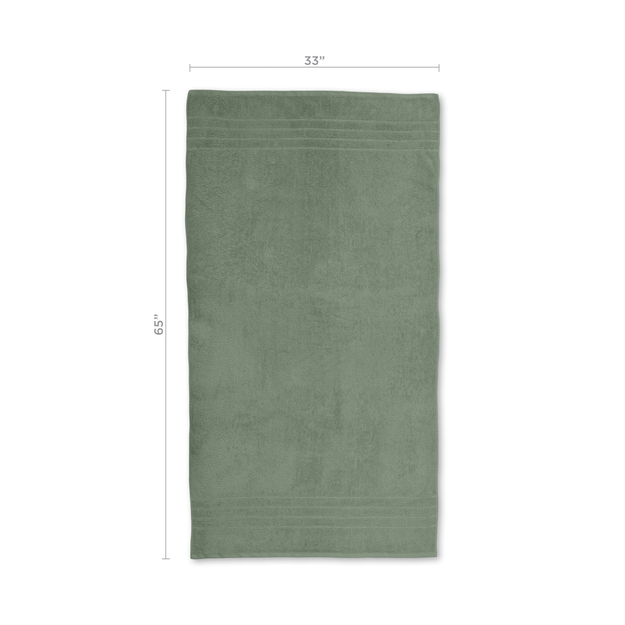 Sage bath sheet with dimensions on a white background