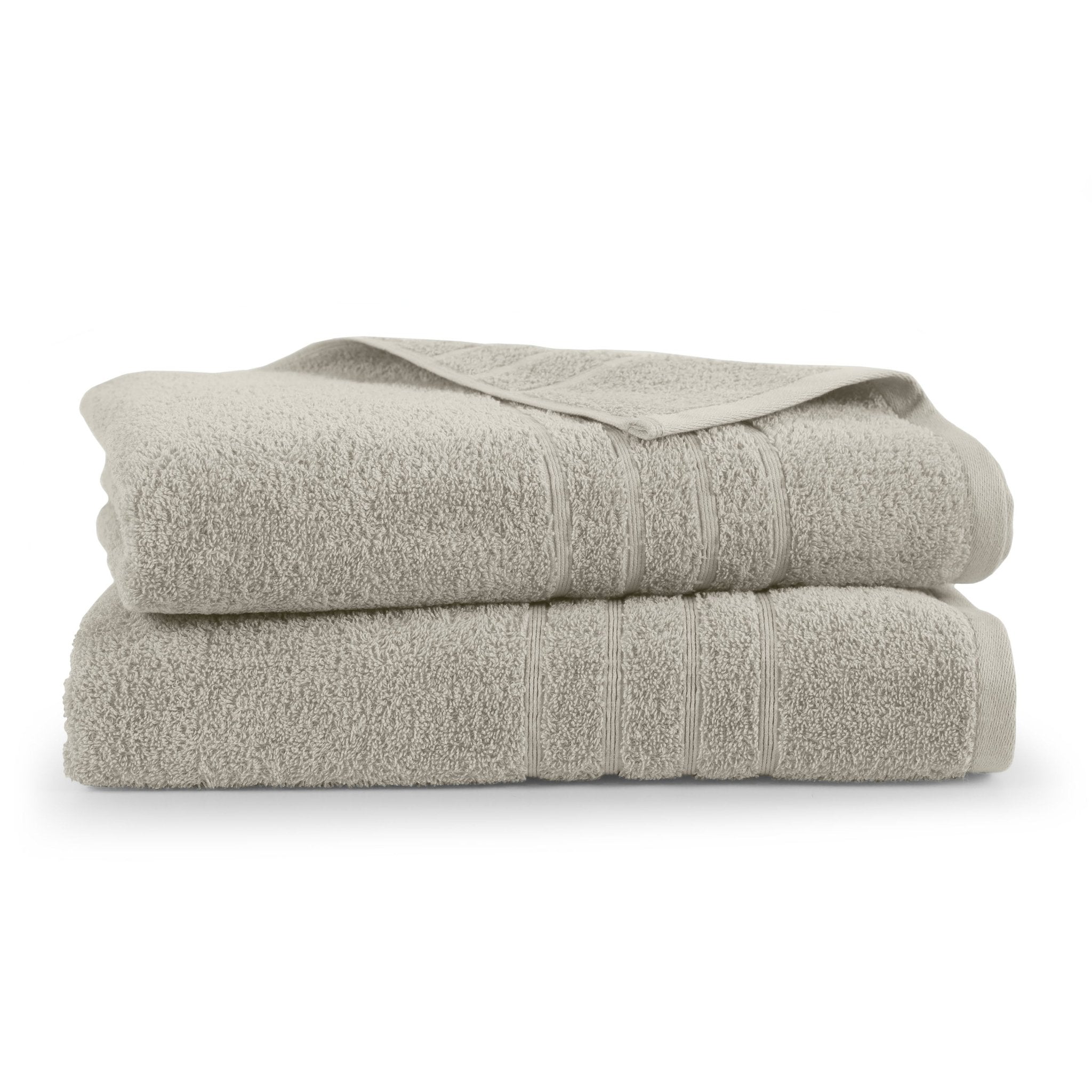 Two folded new sand washcloths on a white background