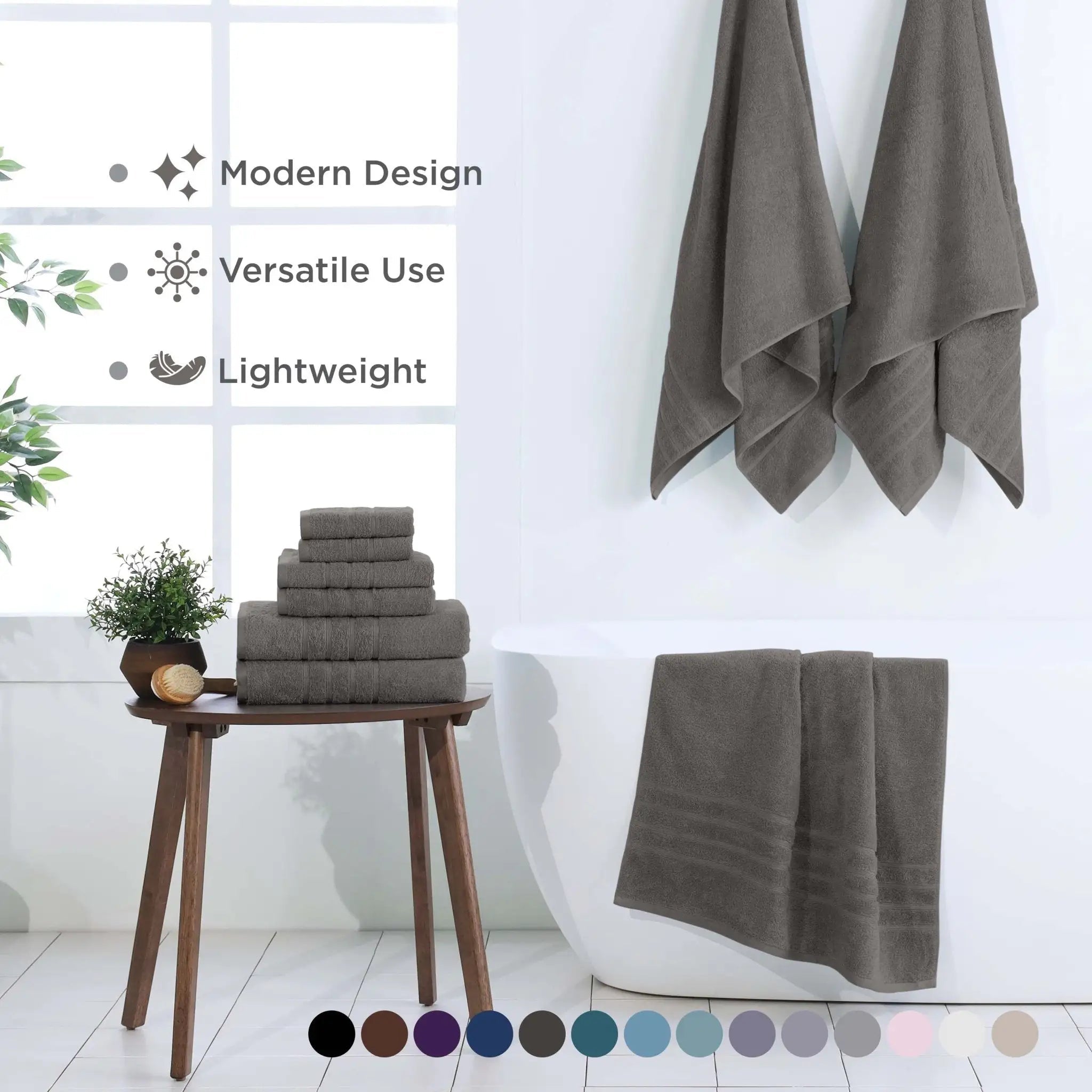 A set of gray bath towel set displayed in a bright bathroom setting. Text on the left highlights modern design, versatile use, and lightweight features, and a row of color swatches appears along the bottom.